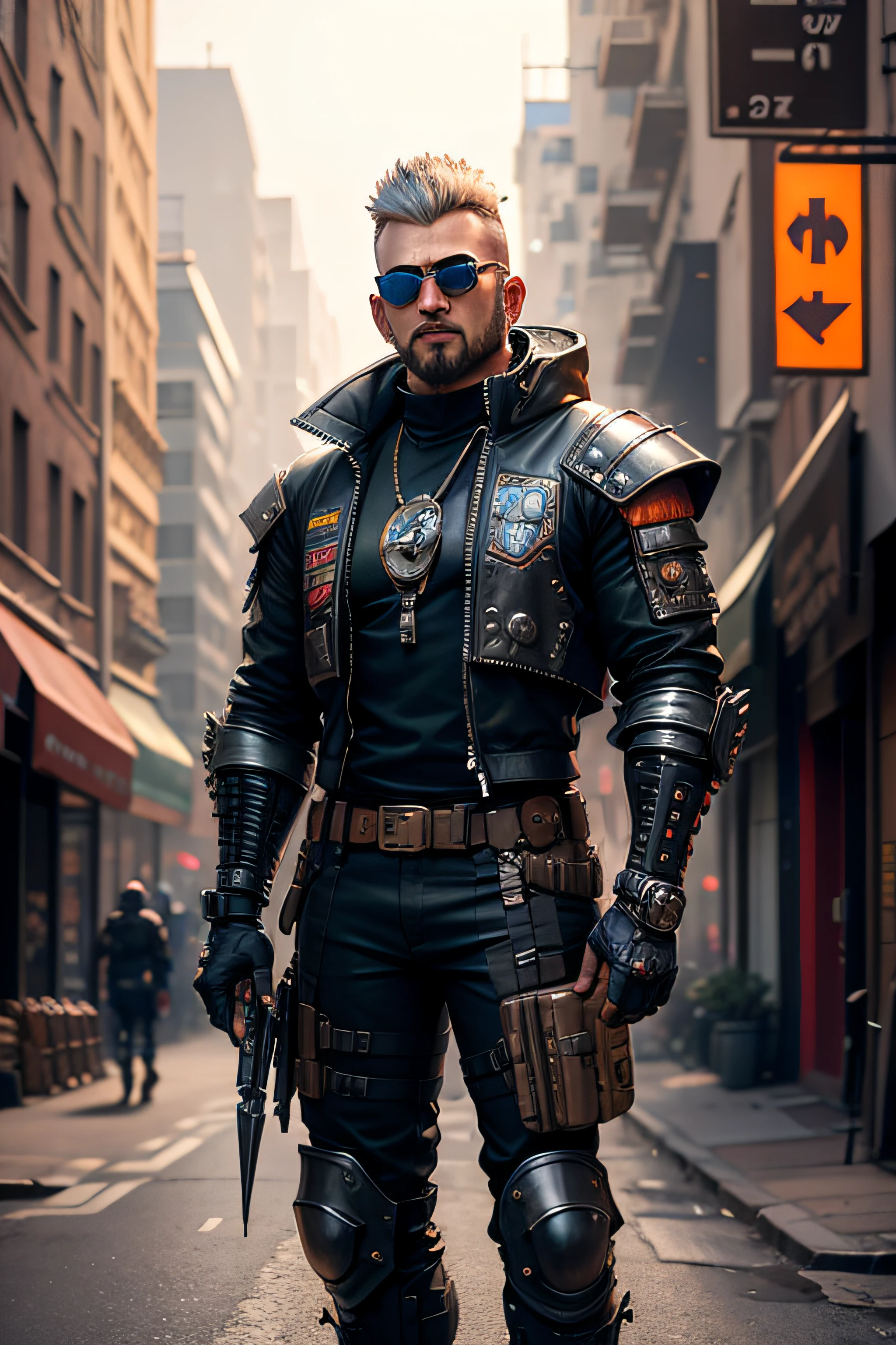 Cyberpunk Ork wearing futurist body armour and sunglasses standing in a city street