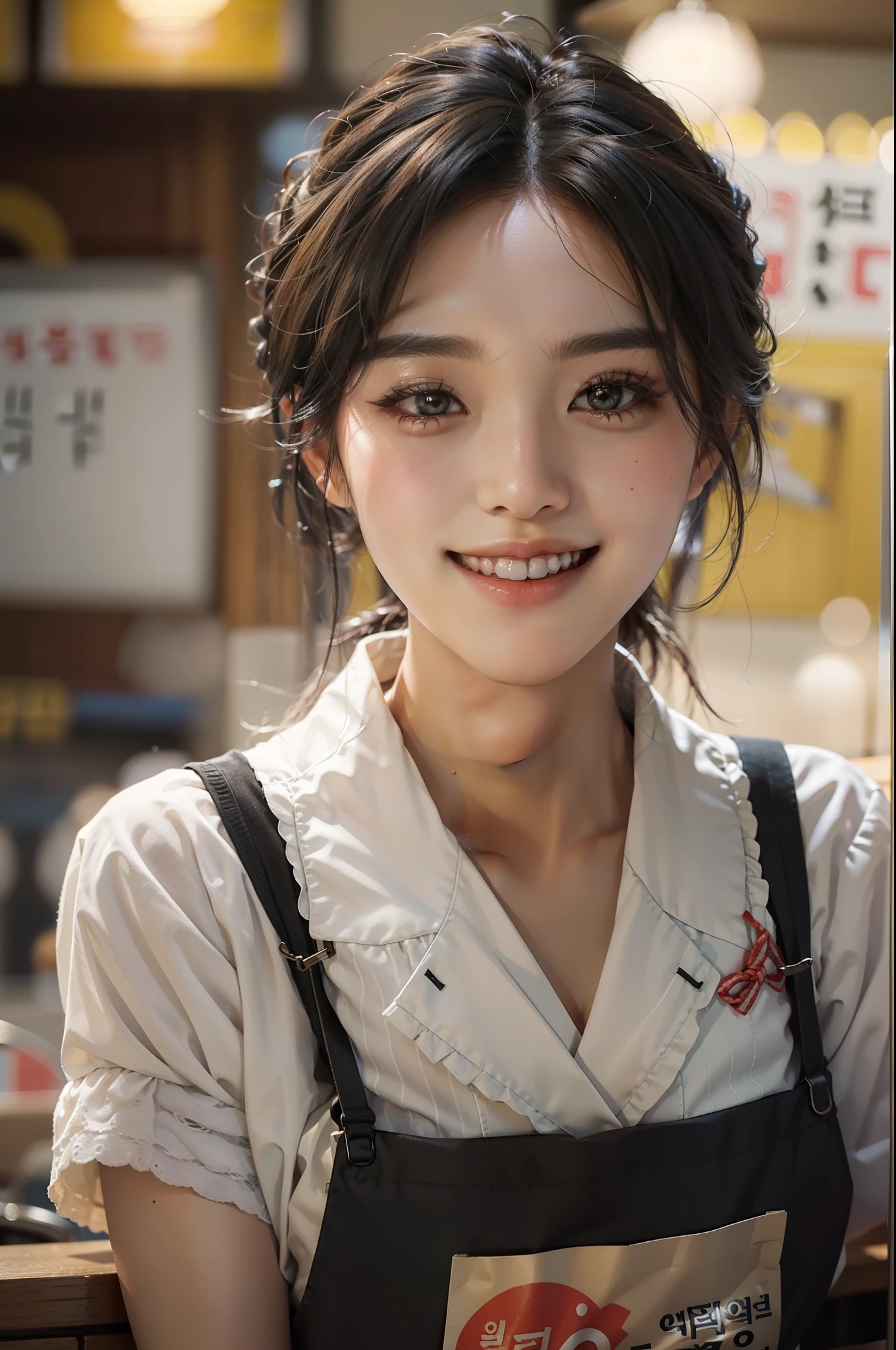photograph of-realistic (1 cute Korean actress), vests, At a ramen shop, Smiling, Canon EOS, Clear facial features, closeup portrait, Movie mode, 8K