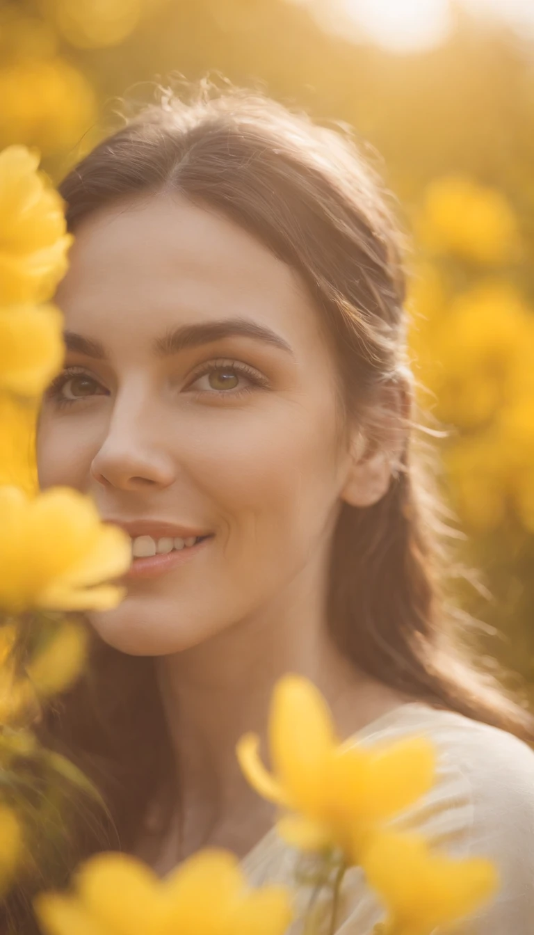 happy woman with yellow flowers smiling against bright yellow background by daniel dalman for stocksy united, in the style of hasselblad 1600f, 32k uhd . --ar 2:3 --v 5.1 50 --no watermark: --s 2