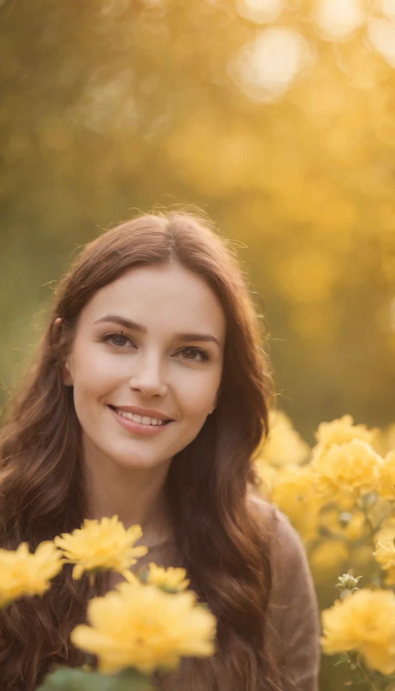 happy woman with yellow flowers smiling against bright yellow background by daniel dalman for stocksy united, in the style of hasselblad 1600f, 32k uhd . --ar 2:3 --v 5.1 50 --no watermark: --s 2