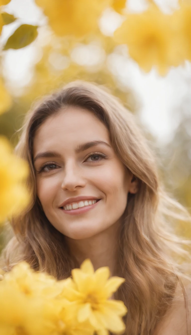 happy woman with yellow flowers smiling against bright yellow background by daniel dalman for stocksy united, in the style of hasselblad 1600f, 32k uhd . --ar 2:3 --v 5.1 50 --no watermark: --s 2