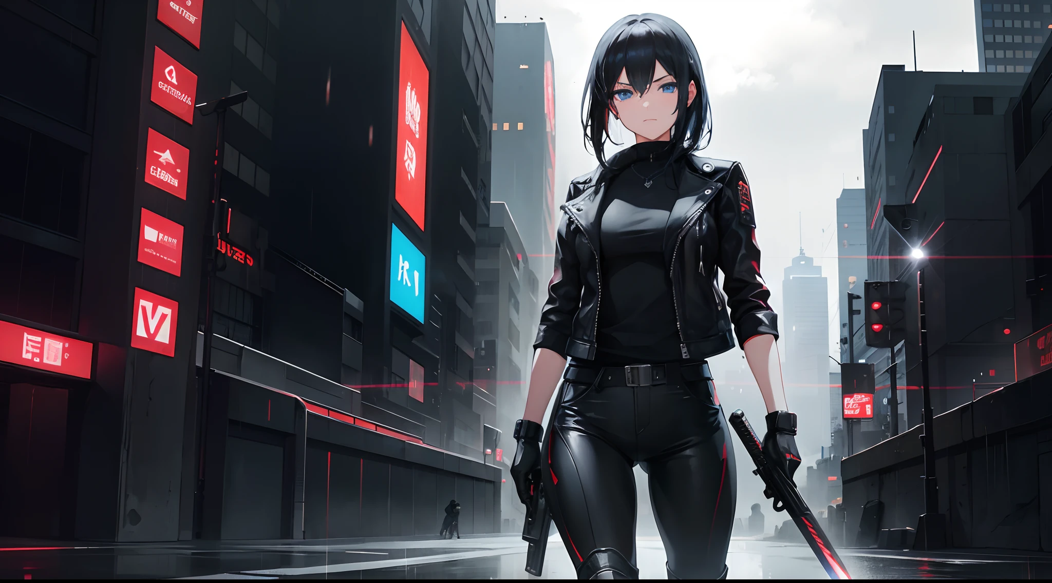 1 girl, blue eyes, jet black mid hair, leather jacket, leather pant, boots, bike standing near her, having cyber gun and katana on another hand, cyberpunk city, cybercity, rain, glowing lights, 4k resolution, ultra high quality, 4k, ultra High Resolution