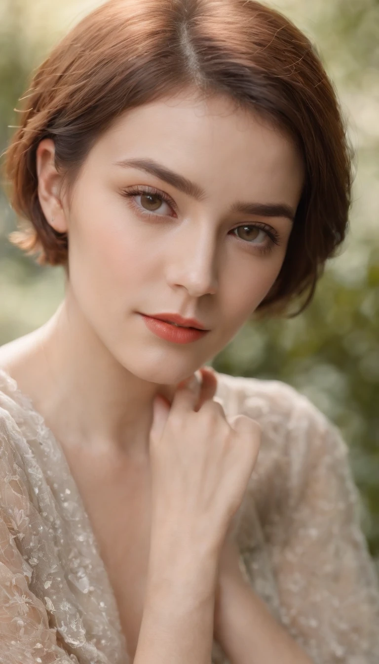 a lady with short hair is in natural sunlight., in the style of eye-catching resin jewelry, tokina at-x 11-16mm f/2.8 pro dx ii, light beige and orange, yigal ozeri, edogawa ranpo, dotted, pensive stillness
