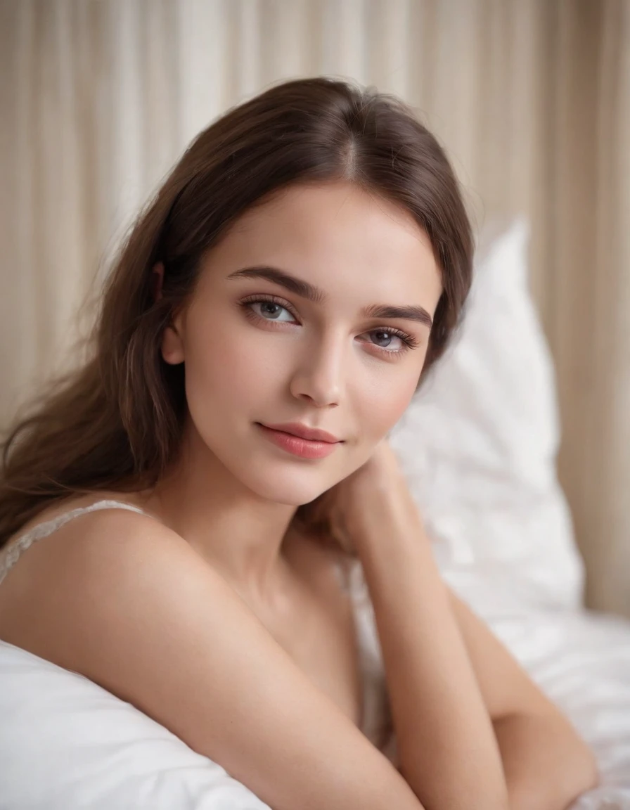 a photo of a beautiful 20 years old Russian girl on the bed, seductive smile, cinematic light, (sharp focus), (realistic matte skin, realistic texture skin, realistic eyes), (skin texture visible:1.5), (high quality), Fujifilm XT3