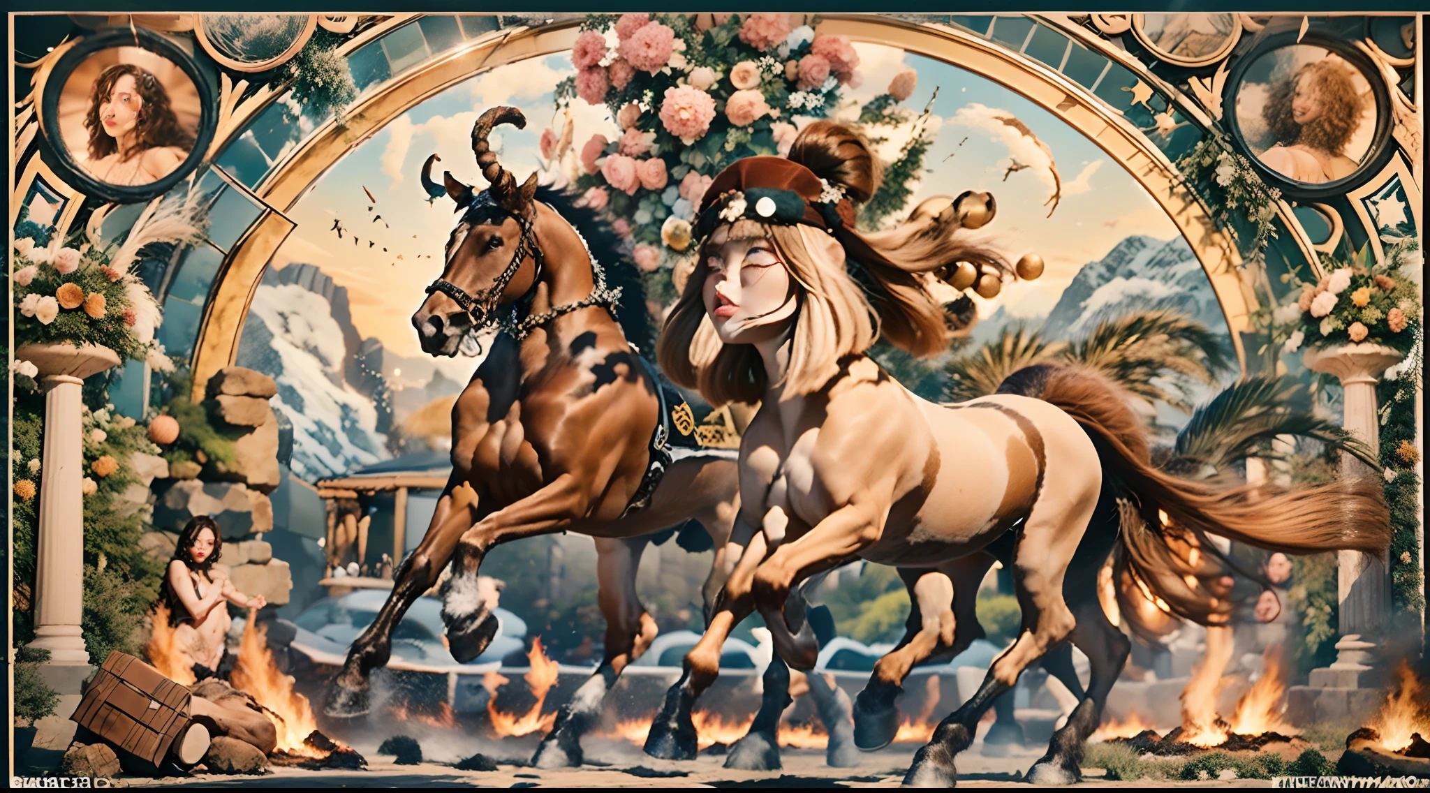 In the beautiful illustration of this super-grand scene，The ultra-distant lens shows us（Over eight unique centaur characters：9.9），（Traveling through the stars：9.9），They all have their own characteristics，Vivid and interesting。Radiant from the heavens（angelicales：6.6）Like centaurs、To nightmarish is（Surrounded by flames：6.6）of the hellish centaurs、And then to the wind dancing in the air（fairy：6.6）centaur horse、And thunder and lightning surrounding（Unicorn：6.6）centaur horse，and shining metallic ones（Machinary：6.6）centaur horse、And then to color（Dragon scales covered：6.6）The strength of the whole body is a powerful dragon centaur、Elegant and agile（the elf：6.6）The centaur's slender and graceful lines always wear a flower crown、Enchanting and charming（Tiflin：6.6）centaur horse、Have the indescribable（Raised sexy：6.6）'s（succubi：6.6）centaur horse。Each character has their own unique charms and abilities。The illustration uses advanced artistic techniques and tools，（Divide the scene into sections by geometric arrangement：9.9），Each section corresponds to a centaur character，This makes more efficient use of space。Through Midjourney's advanced brush tools、Color palette、Material packs and model packs、Texture tools，For each centaur, beautiful props are designed to increase racial characteristics、Clothing and physical features，（Enhances the character's personality and visual appeal：2.5）。The scenery in the illustrations is stunning，There are changing skies、rainbowing、extreme light、Stars and Moon。Incorporating iconic landmarks such as Mount Everest，and fireworks、tranquil lake、Natural and urban elements of waves and neon lights，Creates a magical atmosphere。The centaurs display their unique abilities and equipment in a variety of environments，This is true even in extreme alien landscapes。（Use Midjourney's tools、Material packs、Texture tools、The color palette makes depicting details vivid and realistic：9.9），From complex hairstyles and as well as different racial traits、Body、Appearance featu