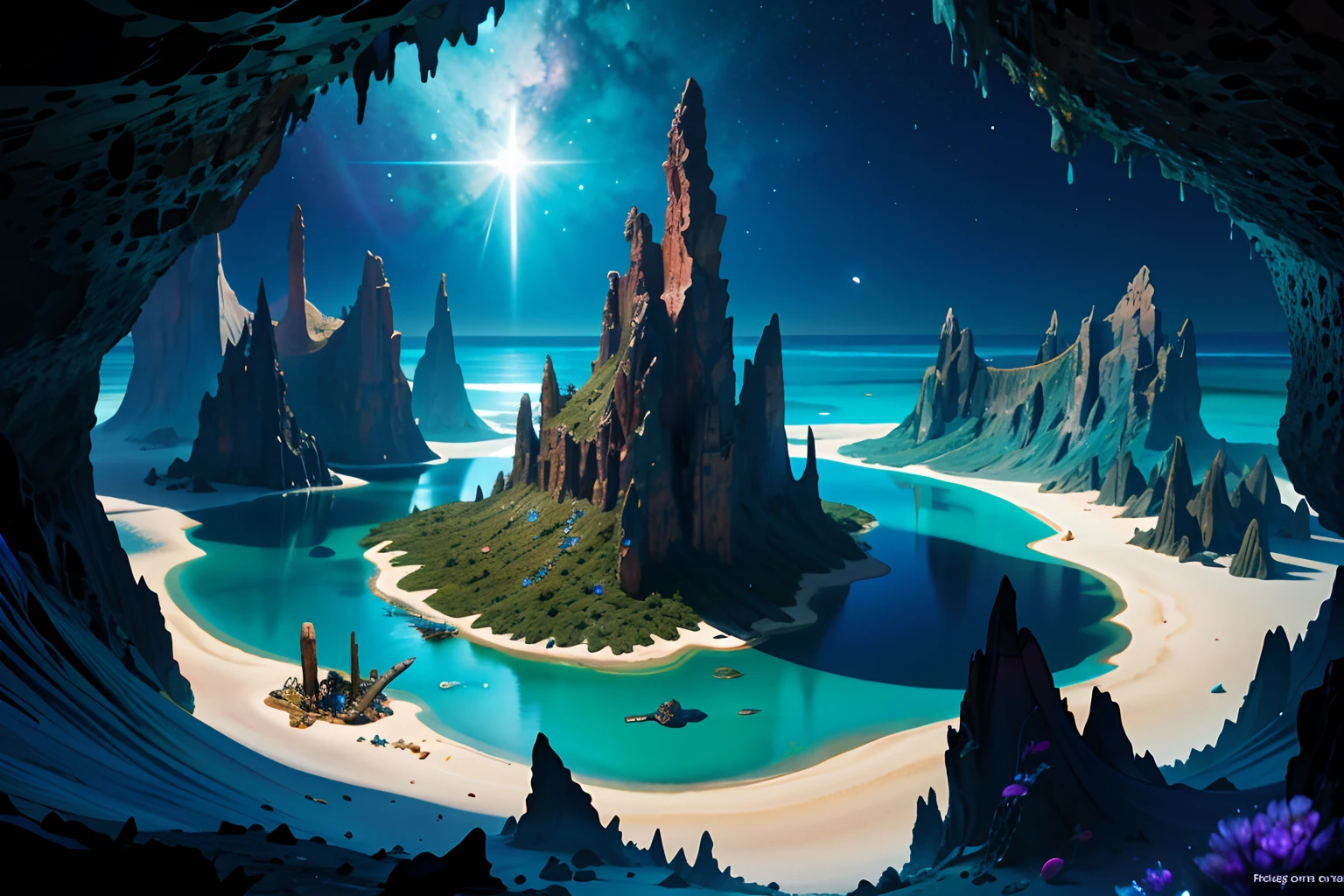 tachism, desert-islands, (from above:1.2), iridescent, dark fantasy and mystical atmosphere, crystal starry sky, forbidden place, only moonlighting, underwater cave, shipwreck, rich colors, amazing background detail, extremely detailed magazine quality photograph, expert precision including intricate examples of undeniably amazing image quality and detailed design,