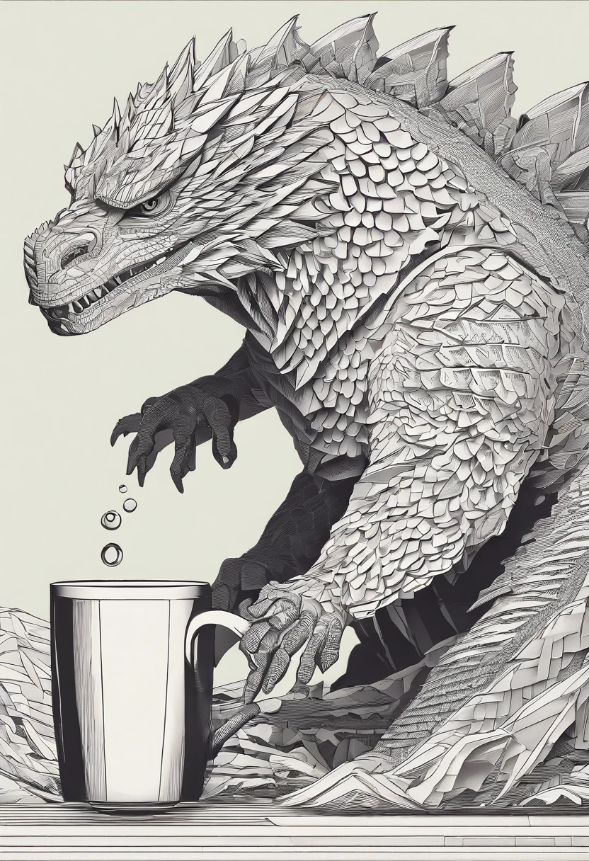 A godzilla Sits and drink tea
