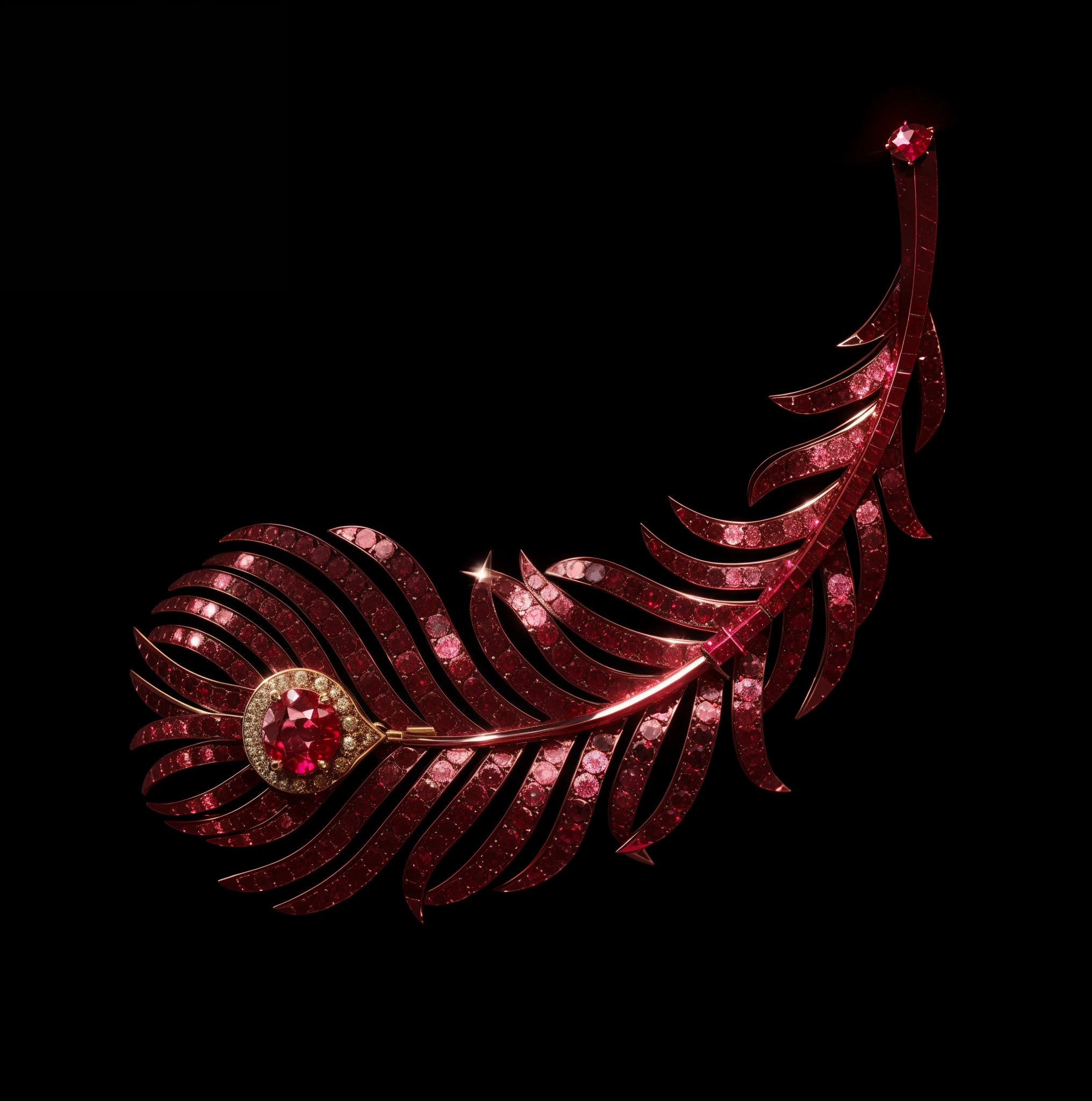 Round cut ruby feather brooch,Set with rubies,Black gold,photography of