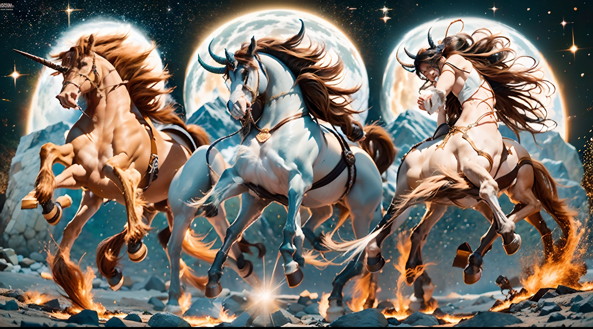 In the beautiful illustration of this super-grand scene，The ultra-distant lens shows us（Over eight unique centaur characters：9.9），（Traveling through the stars：9.9），They all have their own characteristics，Vivid and interesting。Radiant from the heavens（angelicales：6.6）Like centaurs、To nightmarish is（Surrounded by flames：6.6）of the hellish centaurs、And then to the wind dancing in the air（fairy：6.6）centaur horse、And thunder and lightning surrounding（Unicorn：6.6）centaur horse，and shining metallic ones（Machinary：6.6）centaur horse、And then to color（Dragon scales covered：6.6）The strength of the whole body is a powerful dragon centaur、Elegant and agile（the elf：6.6）The centaur's slender and graceful lines always wear a flower crown、Enchanting and charming（Tiflin：6.6）centaur horse、Have the indescribable（Raised sexy：6.6）'s（succubi：6.6）centaur horse。Each character has their own unique charms and abilities。The illustration uses advanced artistic techniques and tools，（Divide the scene into sections by geometric arrangement：9.9），Each section corresponds to a centaur character，This makes more efficient use of space。Through Midjourney's advanced brush tools、Color palette、Material packs and model packs、Texture tools，For each centaur, beautiful props are designed to increase racial characteristics、Clothing and physical features，（Enhances the character's personality and visual appeal：2.5）。The scenery in the illustrations is stunning，There are changing skies、rainbowing、extreme light、Stars and Moon。Incorporating iconic landmarks such as Mount Everest，and fireworks、tranquil lake、Natural and urban elements of waves and neon lights，Creates a magical atmosphere。The centaurs display their unique abilities and equipment in a variety of environments，This is true even in extreme alien landscapes。（Use Midjourney's tools、Material packs、Texture tools、The color palette makes depicting details vivid and realistic：9.9），From complex hairstyles and as well as different racial traits、Body、Appearance featu