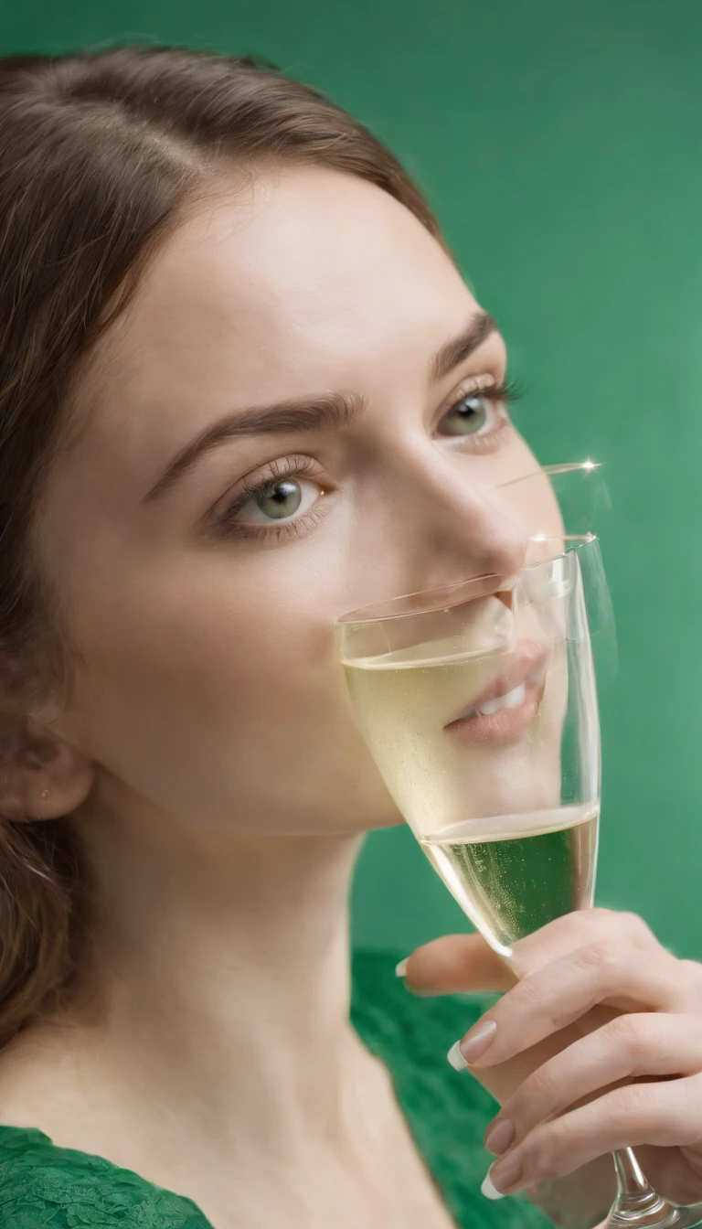 a young woman holding a champagne flute on a green background, in the style of carl kleiner, buckminster fuller, loretta lux, high quality photo, wavy resin sheets, gold and cyan, digital symmetry