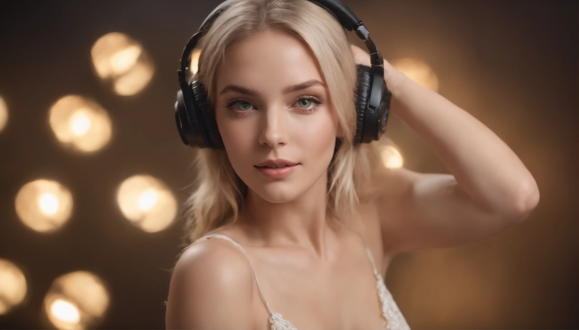 a dj plays on the dj's desk, headphones on her head, RAW, photography, (masterpiece) a full-body portrait of a beautiful blonde, green-eyed, 35-year-old Russian, listening to music, (((dancing))), smiling, happy face, detailed facial features, realistic eyes, vibrating with music, ((white psychedelic pattern clothing)), strong body, nice abs, abstract tattoos, in the festival background music with people dancing, warm colors, colored lights, lens brightness, light leaks, ((photorealistic)), ((hyperrealistic)), (skin pores), highly detailed, sharp focus, 8K, ultra quality, UHD, crystalline, (((incredibly beautiful)), extremely detailed, highly detailed skin, cinematic lighting, wide angle, amazing fine details, Kodak, Canon 5d, rich colors, realistic texture, dramatic lighting, dynamic composition. --ar 16:9