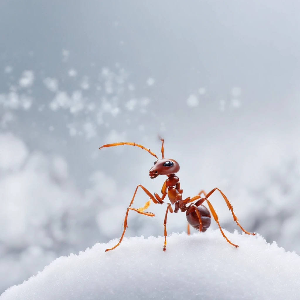 an ant standing on the snowy land is trying to touch the snowflake dropping from the air