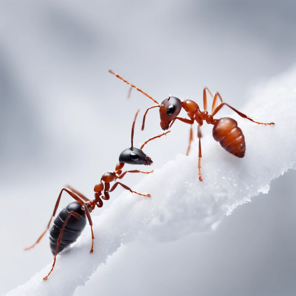 an ant standing on the snowy land is trying to touch the snowflake dropping from the air