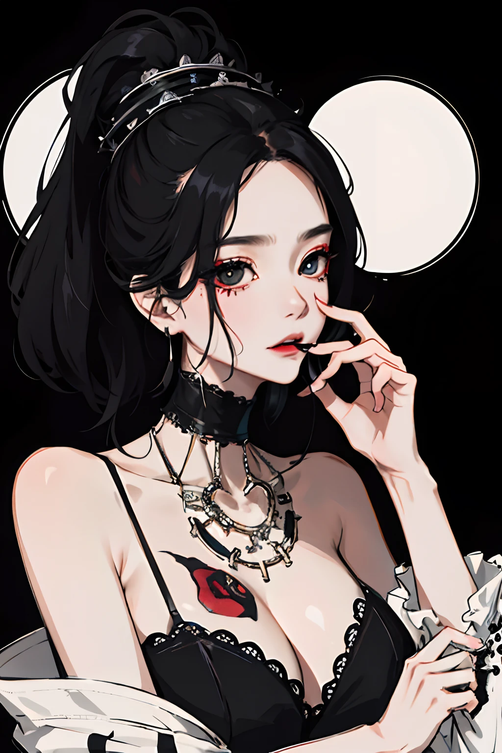 (masuter piece:1.2、top-quality)、(Live Action、Intricate details)、(1lady、独奏、The upper part of the body、huge ???) 、（1male people, Worshipping women）garments: Edgy、Avant-garde、Experimental appearance: long black hair、Dramatic makeup、Unconventional fashion choices behavior: Rebel、Anti-system、Provocative Location: luxury hotel、Underground Music Scene Hobbies: Take part in punk shows、Create mixed media art、Experiment with different subcultures values: individuality、authenticity、Creative Expression Inspiration: Punk rock music、Counterculture icons、avant-garde art movements Personality traits: boldness、boldness、Unconventional。