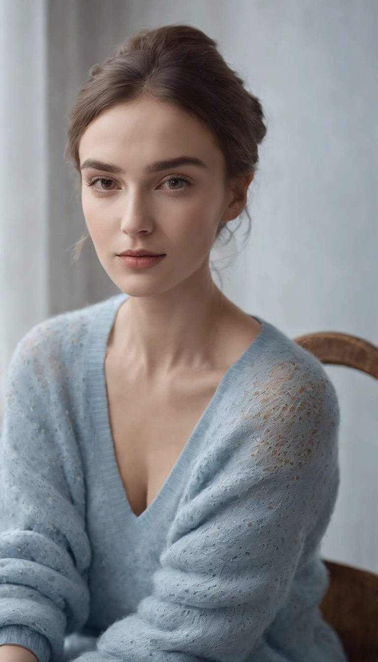 Young woman wearing sweater and sitting on a chair, in the style of light indigo and light amber, Tomàs Barceló, 32k uhd, fine feather details, shiny/ glossy, petcore, grandparentcore