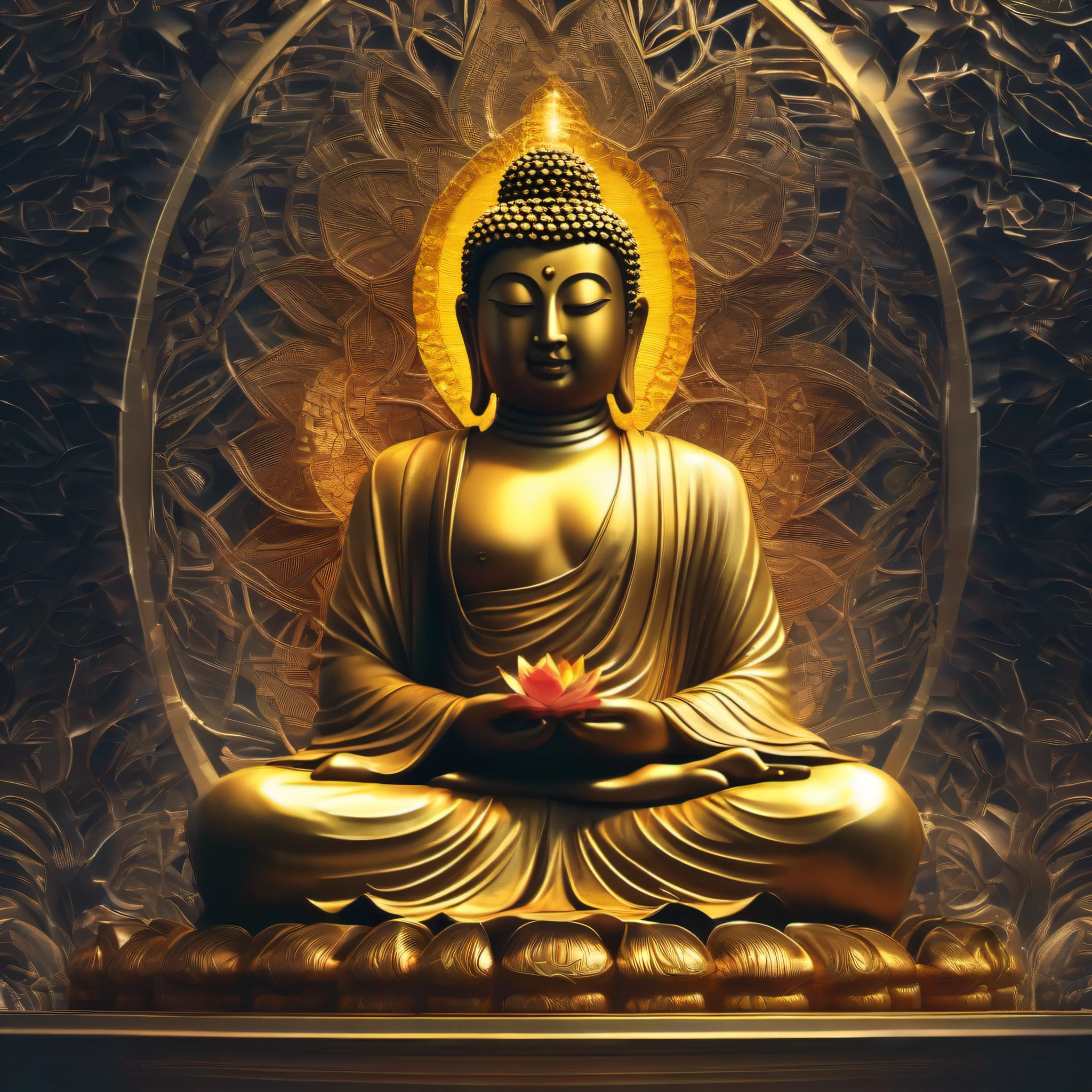 (best quality,highres,masterpiece:1.2),ultra-detailed,realistic,buddha statue,large, golden, radiating light, serene expression, peaceful atmosphere, intricate details, decorative patterns, sitting cross-legged, lotus throne,outdoor scene, aurora borealis.