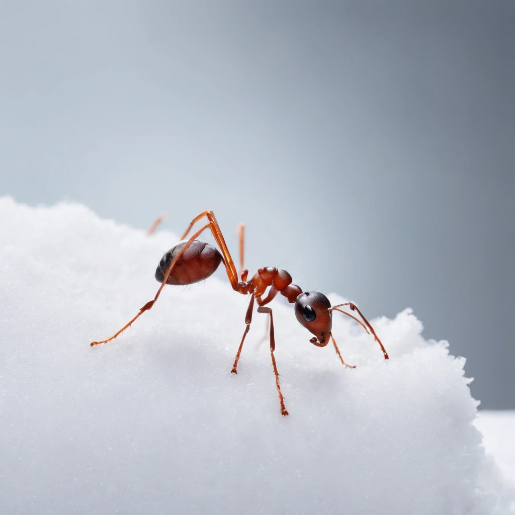 an ant standing on the snowy land is trying to touch the snowflake dropping from the air