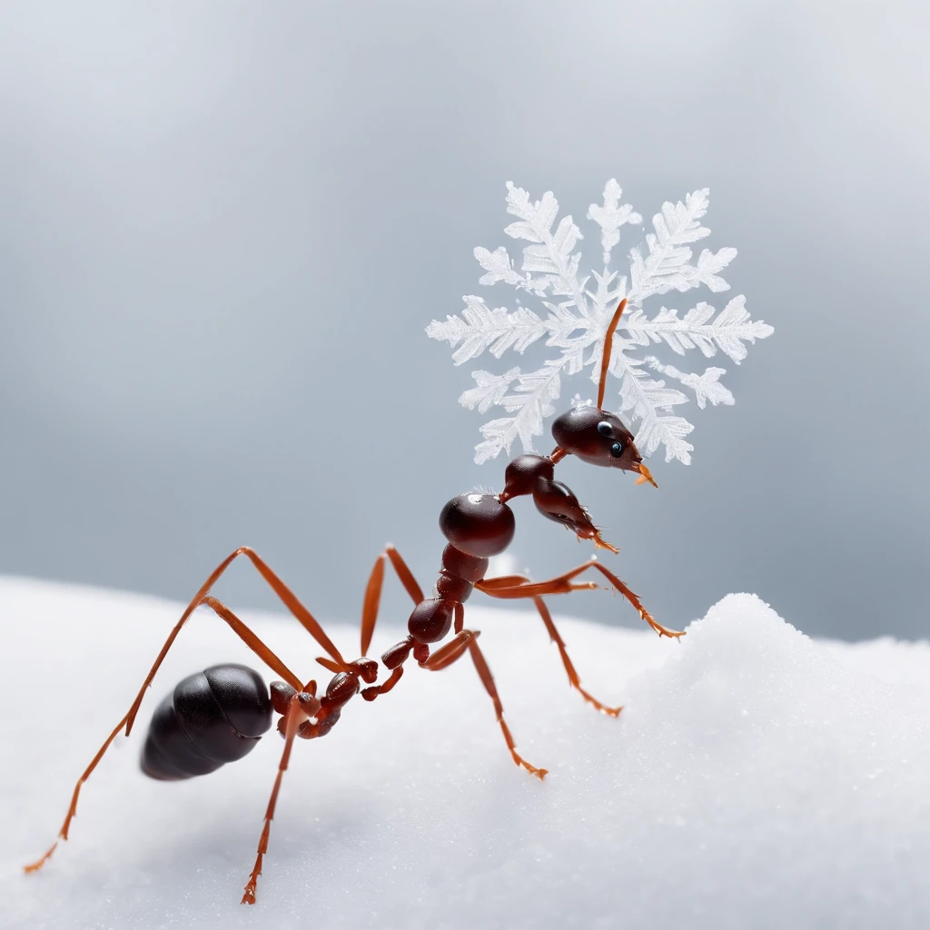 an ant standing on the snowy land is trying to touch the snowflake dropping from the air