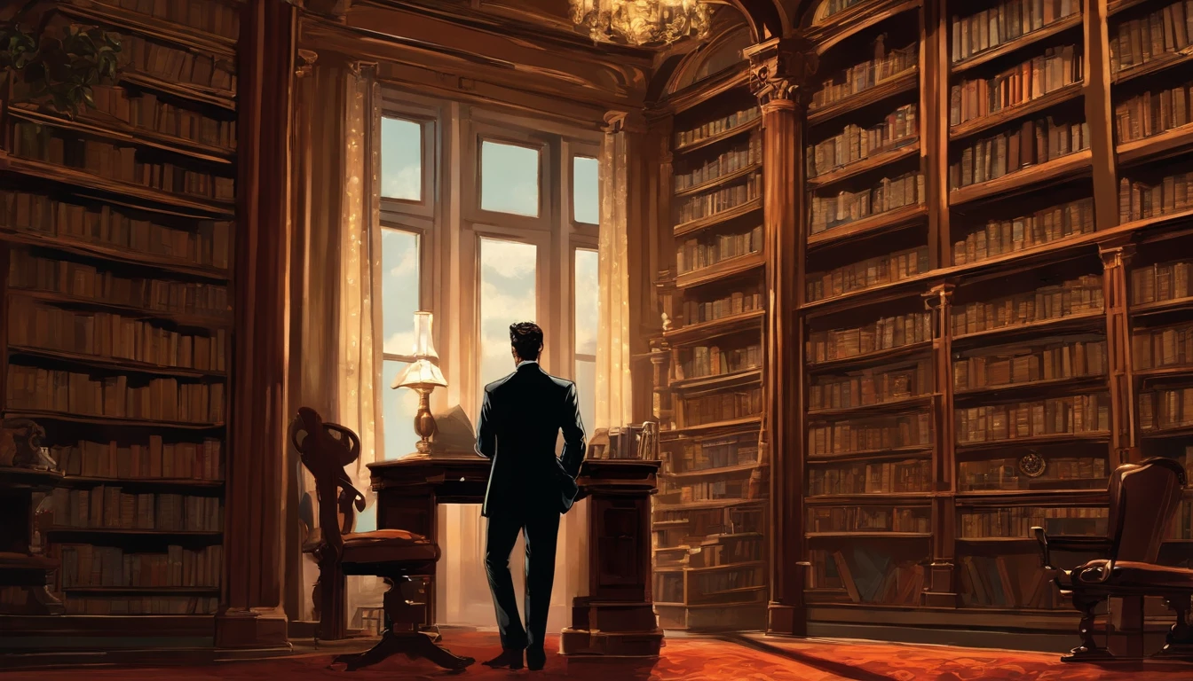 there is a man in a suit standing in a library, hideaki anno anime, hideaki anno, hideki anno, inspired by Yasushi Sugiyama, kentaro miura art, kentaro miura manga art style, kentaro miura art style, cyril rolando and m. w kaluta, cyril rolando and m.w kaluta