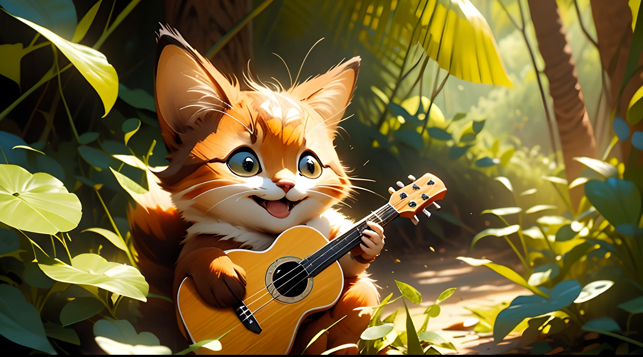 raposa, tocando ukelele, fofa, sorridente, floresta, imagem com muitos detalhes, imagem detalhada