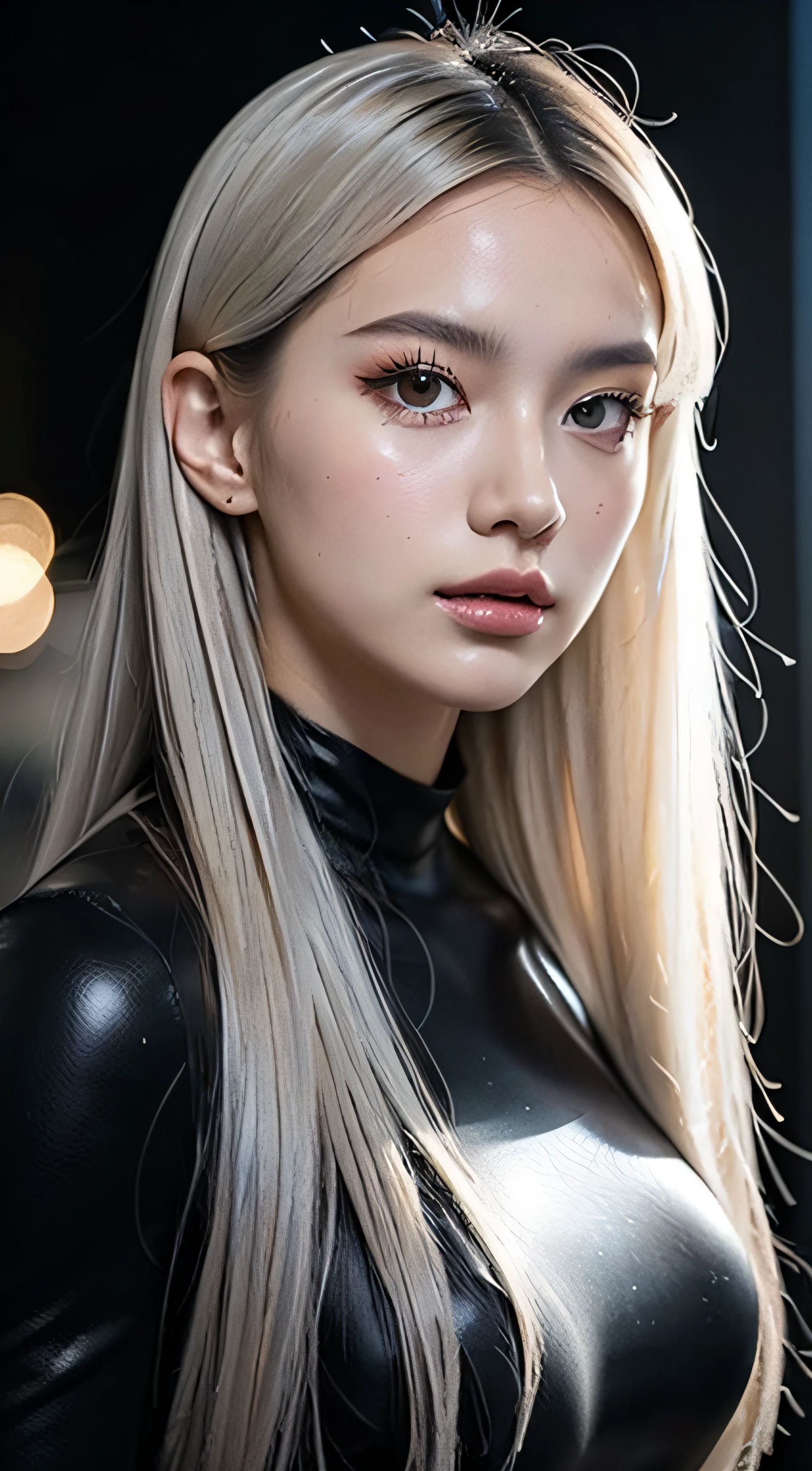 masterpiece, (hyper Detailed Best Quality:1.4), Realistic, Hi-fashion portrait, A dancer who expresses light and darkness, (1 girl, beautiful woman:1.2), (all body shot, fashion model:1.2), BREAK beautiful young, small head, BREAK Detailed all body, Detailed body line, Detailed chest and breasts line, Detailed buttocks, Detailed legs, (Perfect balance between left and right, large breasts, impossible clothes, large buttocks), (very slim waist:1.2), (beautiful Muscular legs, beautiful foot:1.2), White and beautiful Silky skin, small head, (wide angle:1.2), (all body shot from below:1.2), BREAK Detailed all body wear, (high-tech futuristic bodysuit:1.4), (white bodysuit with metallic accents:1.3), (high-cut leg openings:1.3), (layered over white short shorts:1.4), (silver metallic accessories:1.3), (chunky futuristic platform high-top sneakers:1.4), (silver visor sunglasses:1.3), (silver statement earrings:1.3), (stacked silver bracelets:1.2), (silver choker necklace:1.2), (futuristic silver belt with dangling charms:1.3), (white holographic backpack:1.3), (glowing LED accents:1.3), BREAK small head, Detailed face, cute and Pretty slim face, Duck mouth, perfect beautiful Tooth, arranged gray hair, shiny eyes, Light-colored eyes, Happy, looking viewer, BREAK (in a concrete, Realistic black Shadow, Realistic white lightning:1.2),
