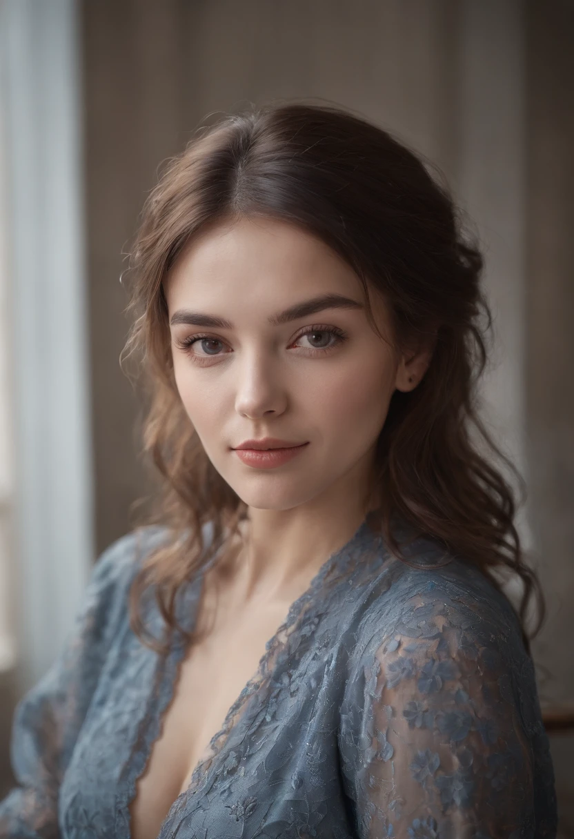 Do it in front of the table，"Woman with short brown beauty, messy  hair, Her lips curled slightly, Small smile. There was a hint of curiosity and warmth in her eyes, And her existence，It seems to exude an aura of quiet confidence, Realistic