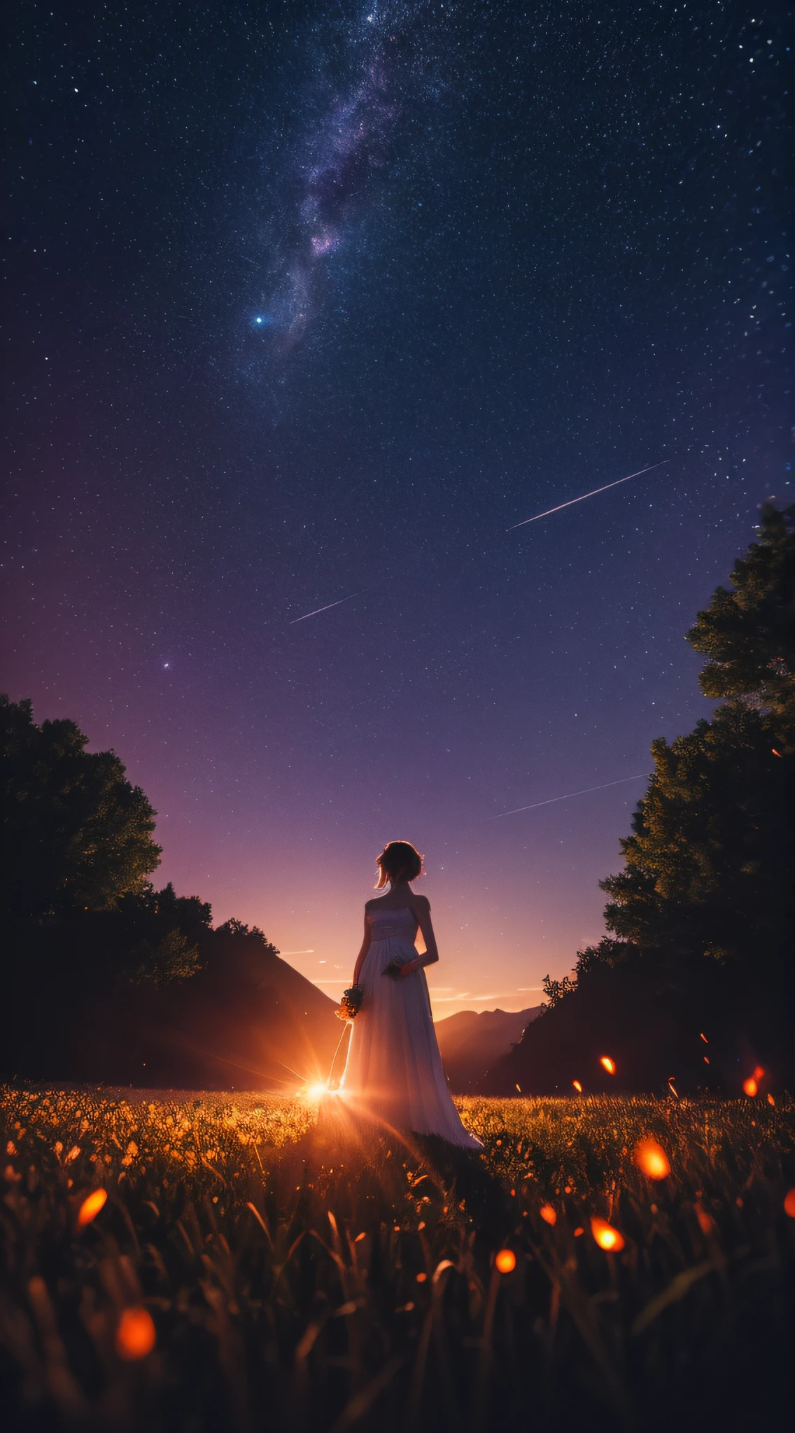 Vast landscape photo, (viewed from below, the sky is above and the open field is below), a girl standing on a flower field looking up, (full moon: 1.2), (meteor: 0.9), (nebula: 1.3), distant mountains , Trees BREAK Crafting Art, (Warm Light: 1.2), (Fireflies: 1.2), Lights, Lots of Purple and Orange, Intricate Details, Volumetric Lighting, Realism BREAK (Masterpiece: 1.2), (Best Quality), 4k, Ultra-Detailed, (Dynamic Composition: 1.4), Very Detailed, Colorful Details, (Rainbow Colors: 1.2), (Glow Lighting, Atmospheric Lighting), Dreamy, Magical, (Solo: 1.2)