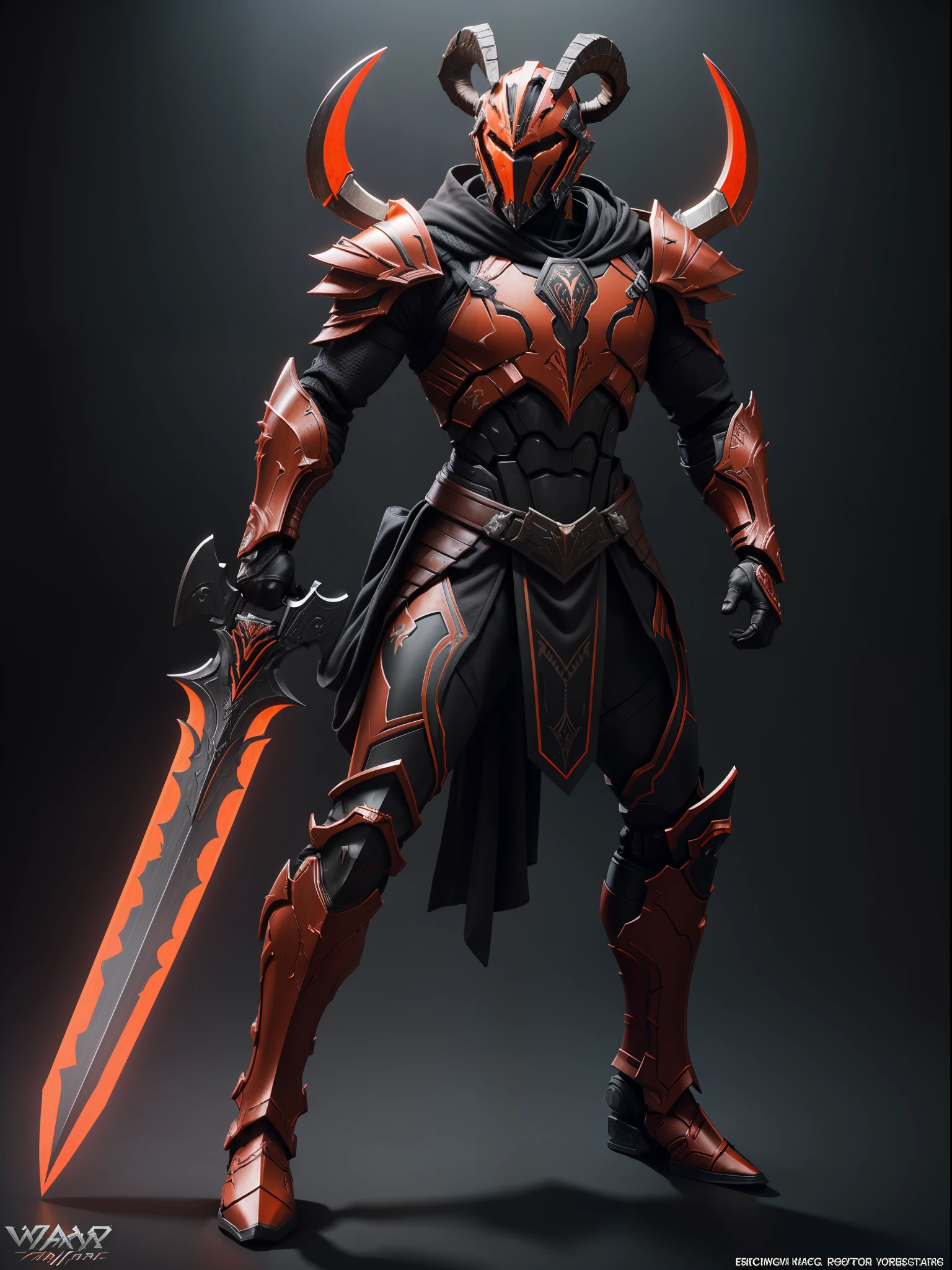 Commercial style shot, (action figure of Spartan Warrior in a warframe style armor with a black sword), (red black and orange color scheme), (Ram style-horned Spartan helmet with black flowing cloak), plastic material with metallic coating, (solid color background), centered, full body shot, (dynamic action stance pose), black round stand base, vibrant colors, visible figure joints, cinematic shot, volumetric lighting, intricate pattern detail, highly detailed