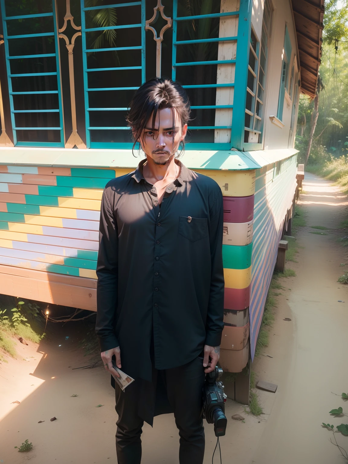 masterpiece, johnny depp walking through jungle at night among fireflies, (high detail:1 1), rough face, natural skin, high quality, nsfw, beautiful eyes, (detailed face and eyes), (face: 1 2), noise, extra, real photo, PSD, lamp film photography, sharp focus, contrast lighting, detailed skin, high resolution 8k, crazy detail, realistic, professional photography, 8k UHD, SLR camera, soft lighting, high quality, film grain, Fujifilm XT3