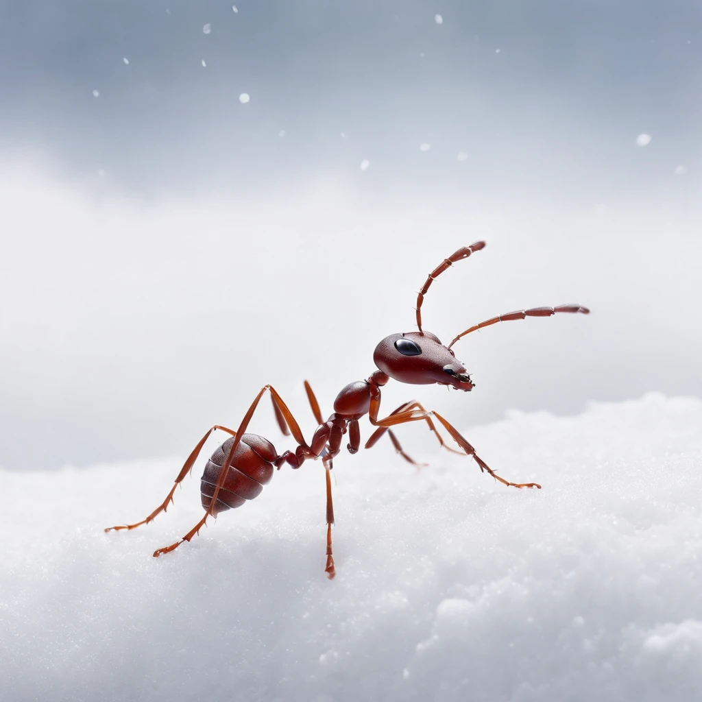 an ant standing on the snowy land is trying to touch the snowflake dropping from the air