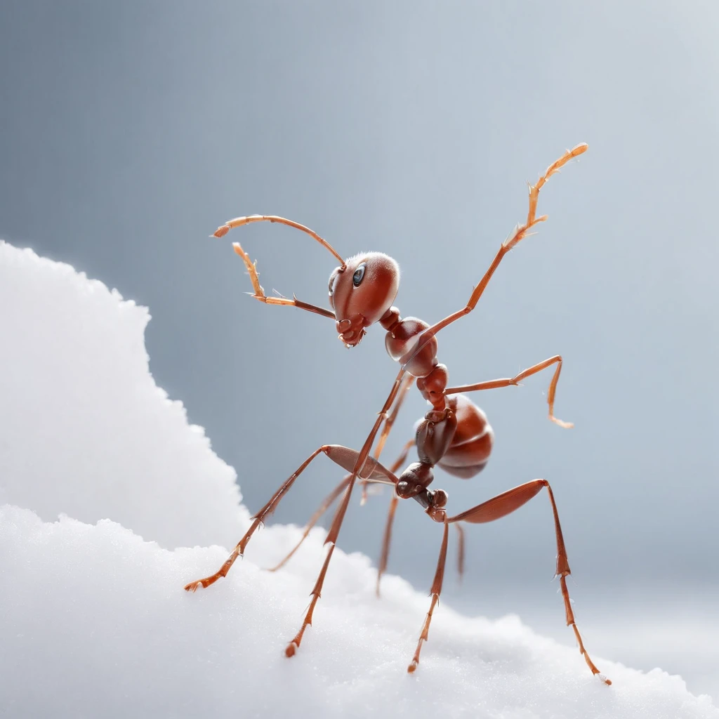 an ant standing on the snowy land is trying to touch the snowflake dropping from the air
