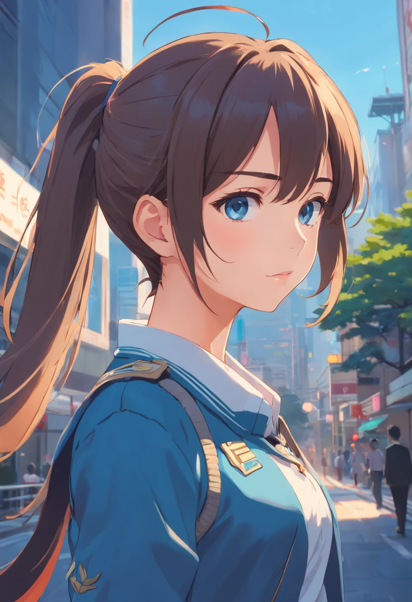 (Highest resolution, distinct_image), Best quality, Masterpiece, Highly detailed, Half realistic, Woman with ponytail, Black pupils, Cute girls, Imperial sister, , Short hair, Three bangs, Light blue uniform, Light blue uniform jacket, soldier, Light blue pleated skirt, army suit, Fighter front, future, Science fiction, Universe