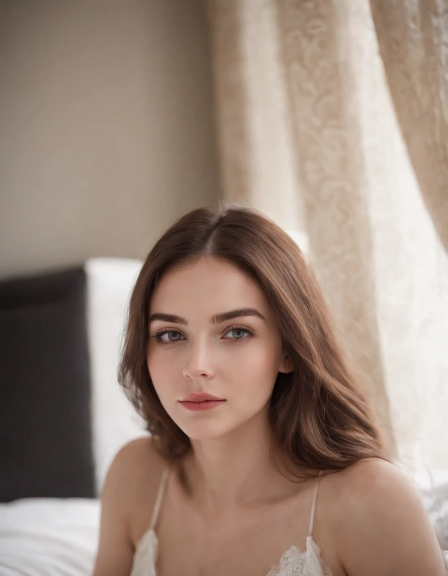a photo of a beautiful 20 years old Russian girl on the bed, seductive smile,(Can't see your hands), cinematic light, (sharp focus), (realistic matte skin, realistic texture skin, realistic eyes), (skin texture visible:1.5), (high quality), Fujifilm XT3
