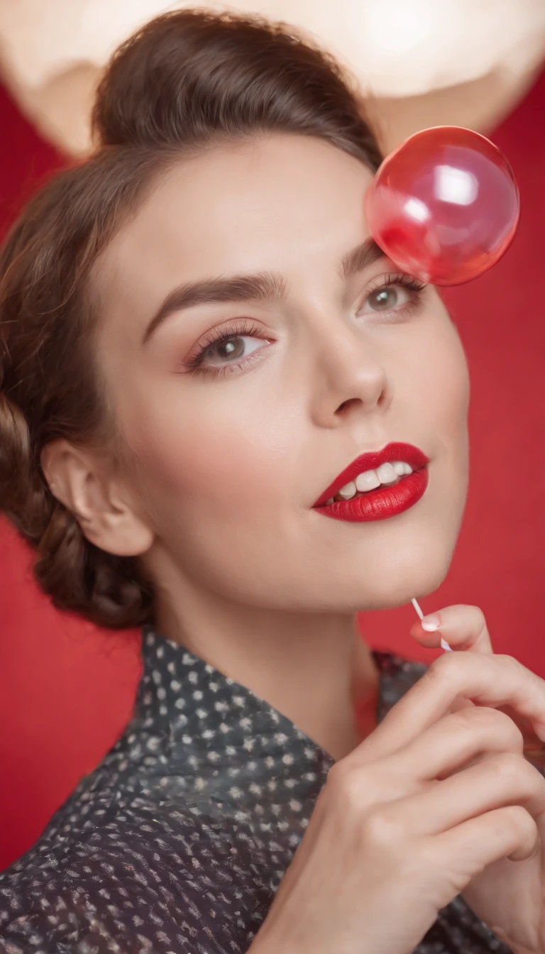happy woman with vintage hairstyle wearing retro clothes, blowing bubble gum, on red background in studio, vibrant colors, bokeh style, in the style of ultrafine detail, high quality photo, medium close up,medium shot