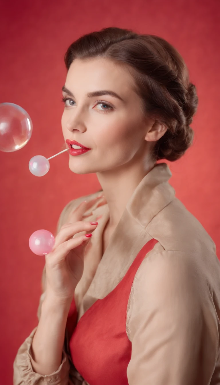 happy woman with vintage hairstyle wearing retro clothes, blowing bubble gum, on red background in studio, vibrant colors, bokeh style, in the style of ultrafine detail, high quality photo, medium close up,medium shot