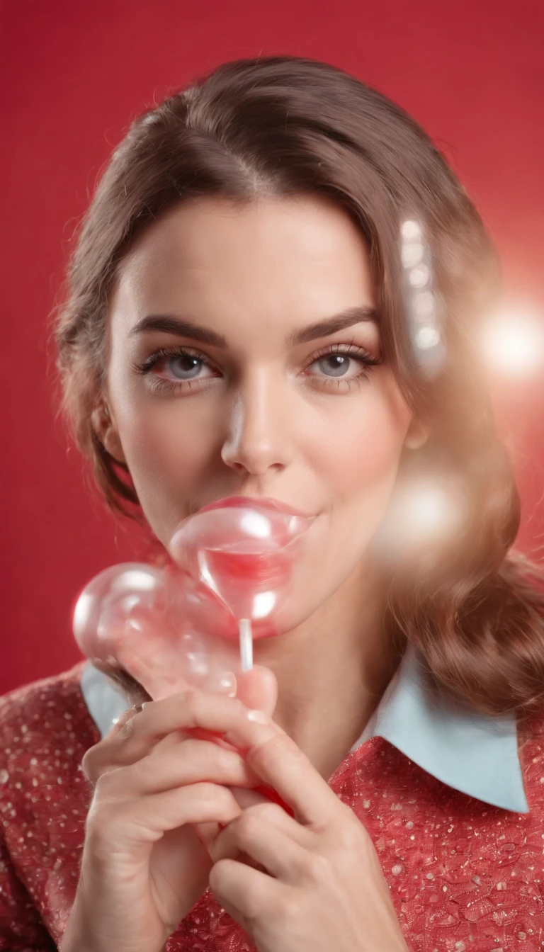 happy woman with vintage hairstyle wearing retro clothes, blowing bubble gum, on red background in studio, vibrant colors, bokeh style, in the style of ultrafine detail, high quality photo, medium close up,medium shot