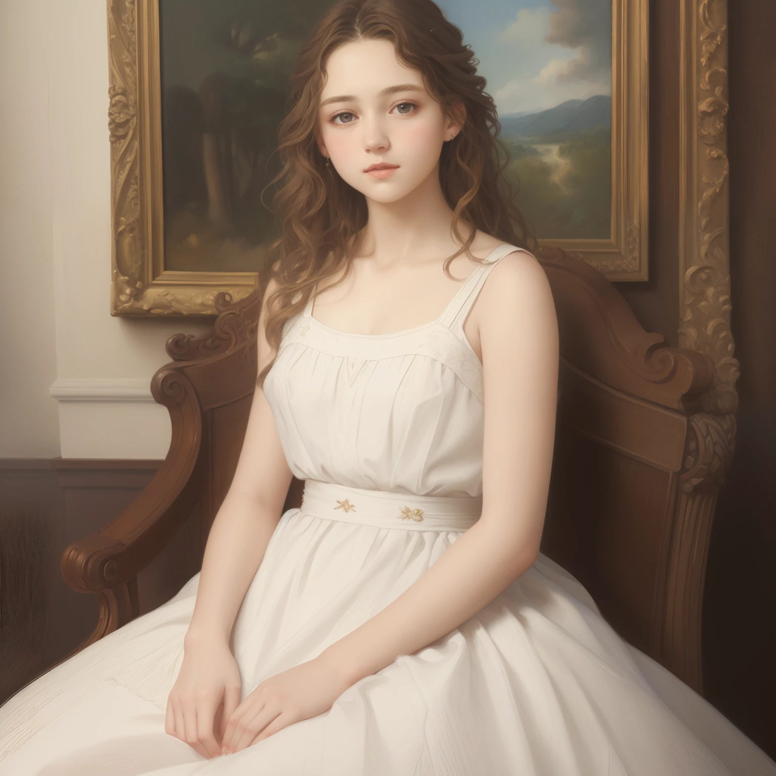 1girl、A beautiful  girl with、very small chest、short wavy brown hair、portraitures、an oil painting、Modern and realistic proportions、Intricate and intricate details、foco nítido、White dress、sleeveless