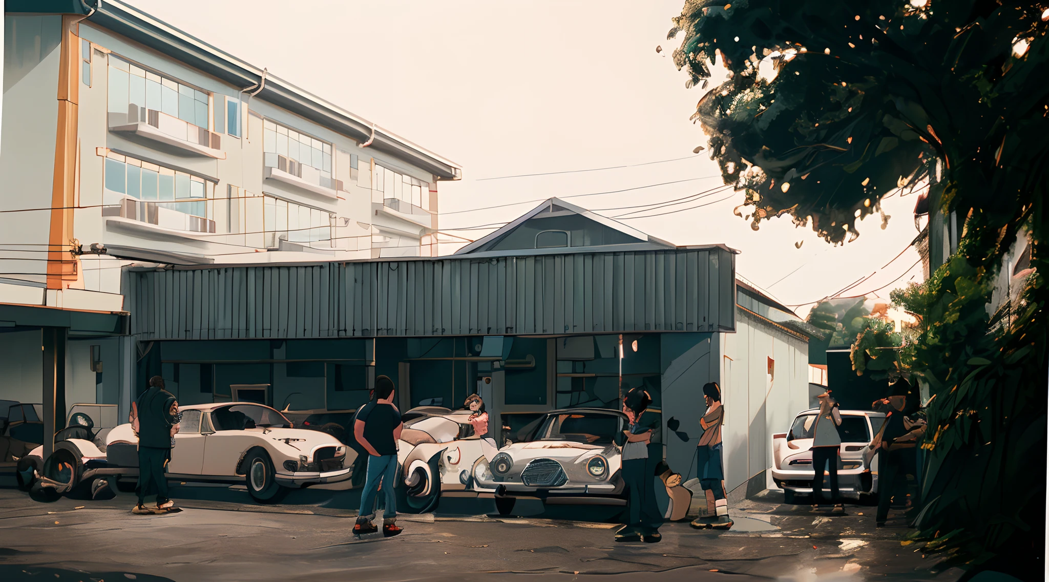 people standing outside of a building with cars parked in front of it, shot on leica sl2, shot on sony a 7, grainy low quality, shot in 35mm, shot on 35 mm, shot on 35mm, shot from the side, shot on 3 5 mm, in front of a garage, shot on nikon z9