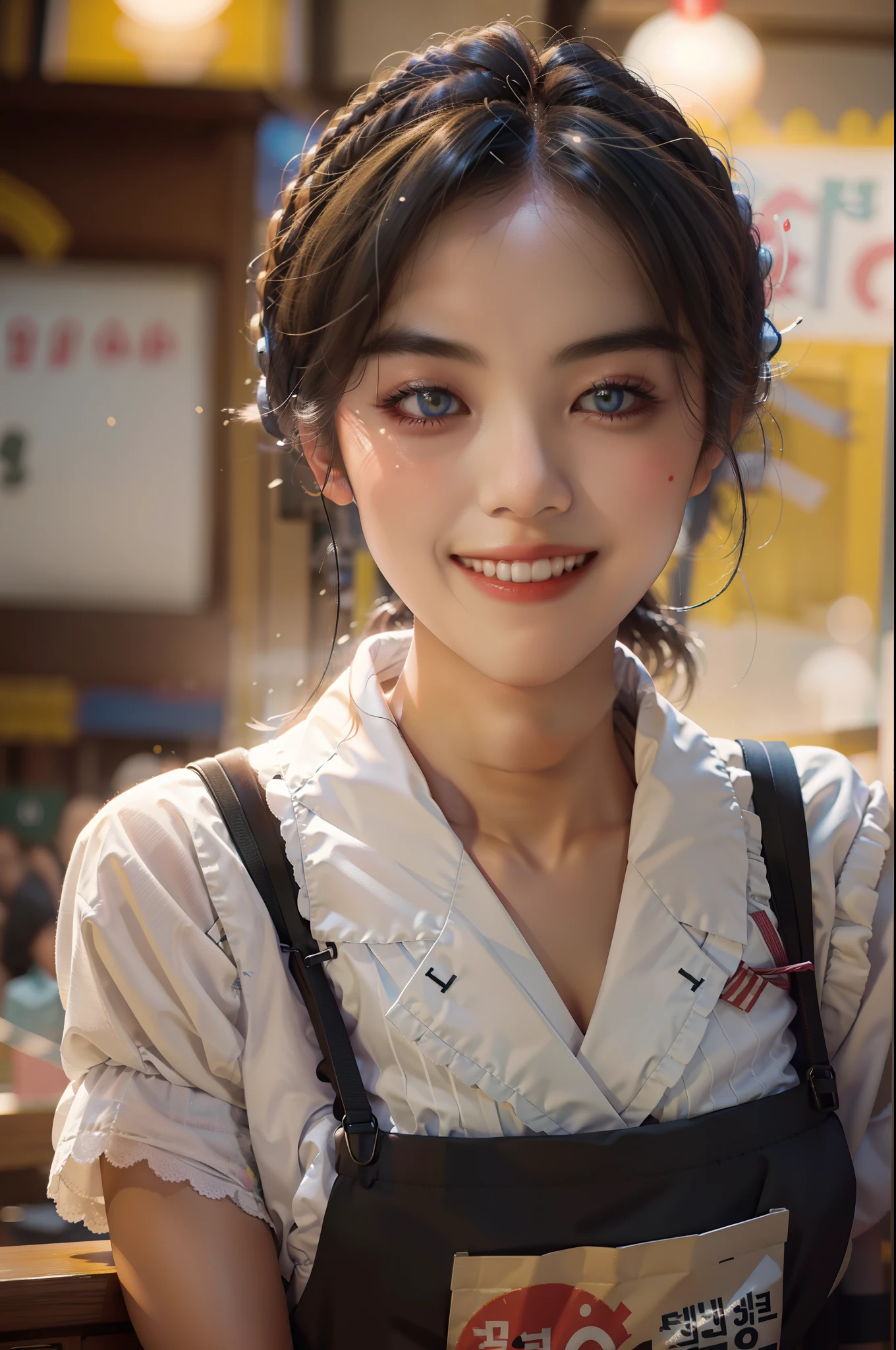 photograph of-realistic (1 Cute Korean Actress), vests, At a ramen shop, Smiling, Canon EOS, Clear facial features, closeup portrait, Movie mode, 8K