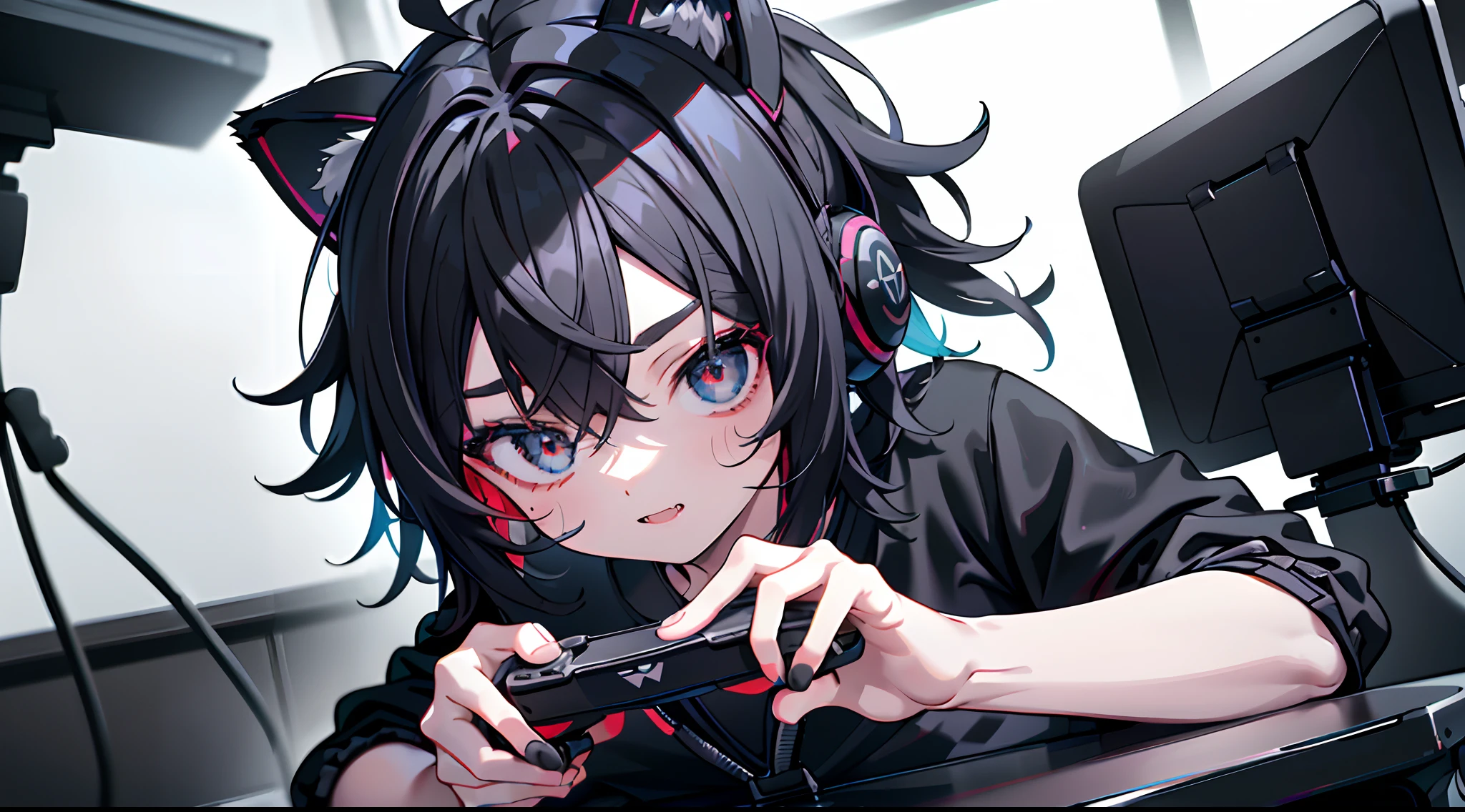 masutepiece, Best Quality, Colorful, r with black hair, (((messy hair style))), 1 boy, red slanted eyes, fangs, In dark voids filled with small strong light particles, ((((black tracksuit, black shorts, Barefoot)))), Playing games, (((holding game controller, game pad))), (((sitting on a gaming chair and feet on the table))), streamer, Many computer screens, Monitors, ciber, Dramatic viewing angles, Dynamic Pose, (Close-up of face focus:1.2), wearing cat ear headphones, Contrasty, color combination, Bright, depth of fields, High resolution, high intricate detailed, Dramatic shadows, Global Illumination