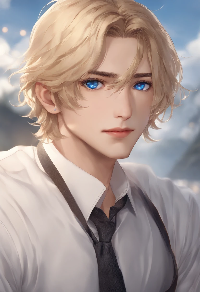 (Masterpiece, absurderes, A high resolution, Ultra detailed), 1人, Wavy blonde hair, Adult, Blue eyes, pony tails, Male focus,Handsome face, Casual clothes, Charming, Lovely, Detailed eyes and face,