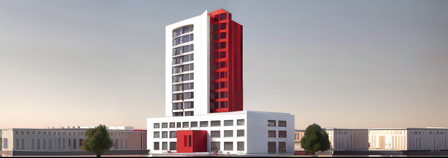 arafed image of a tall building with a red and white sign, sharp hq rendering, bauhaus architecture, full building, sharp focus ilustration hq, palast der republik in berlin, realistic building, multistory building, rendered, art deco office buildings, 3d-render, artist's impression, rendering, 3d rendering, 3 d rendering