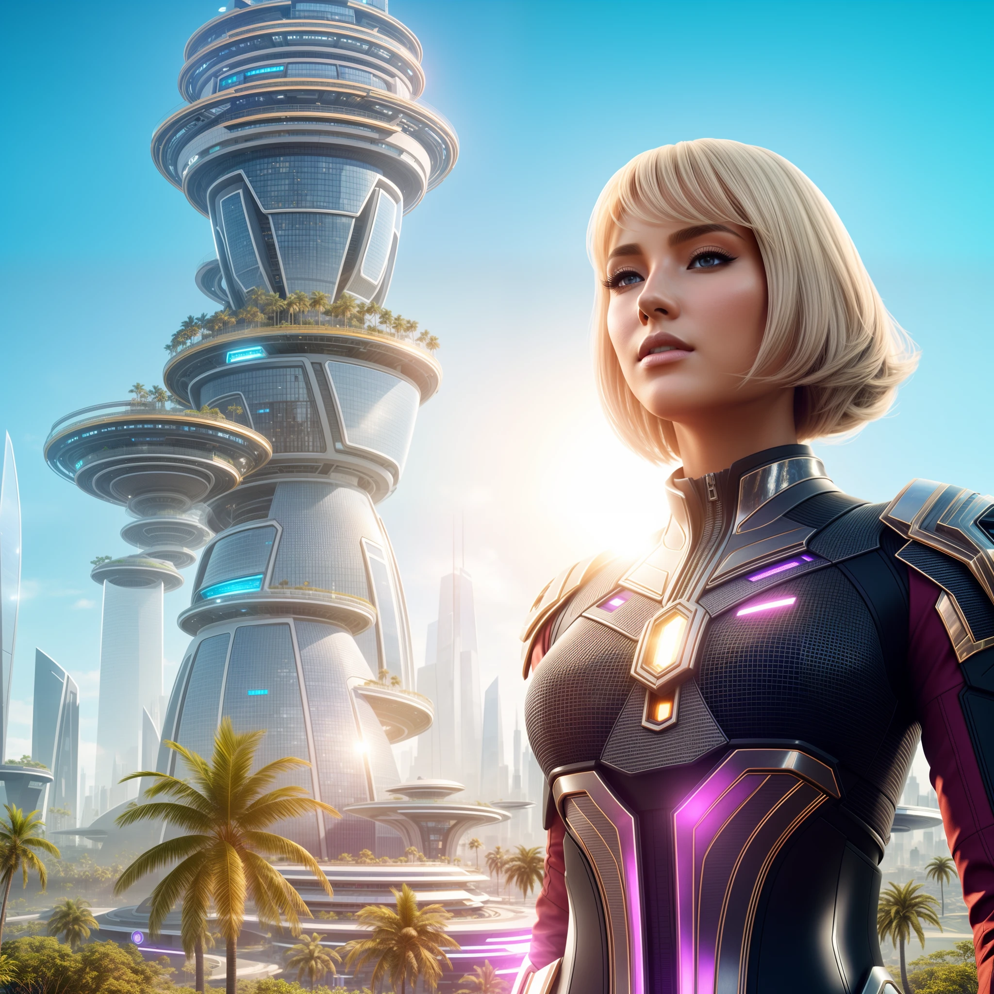 futuristic city with a huge and exotic tower,tree-lined city skyline,beautiful blonde woman with bob hair and detailed facial features,wearing futuristic clothes,gazing confidently into the distance,radiant day with clear blue skies,sunlight casting a warm glow on the scene,vivid colors accentuating the futuristic elements,sharp focus highlighting the intricate details of the city and the woman's appearance,physically-based rendering enhancing the lifelike textures and materials of the environment,professional-grade illustration,concept artists' vision seamlessly blending modern architecture with nature and advanced technology,bokeh effect creating an ethereal atmosphere,studio lighting illuminating the scene with precision and depth-HDR rendering capturing a wide dynamic range of light and shadow,creating a visually stunning masterpiece,ultra-detailed,(realistic,photorealistic,photo-realistic:1.37),epic game character,unreal engine 5,concept game,futuristic game style,ray tracing,dynamic illumination,cinematic,imposing photography,retro futuristic
