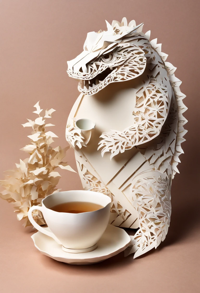 A cute godzilla Sits and drink tea, Japanese style, Tea ceremony, elegant