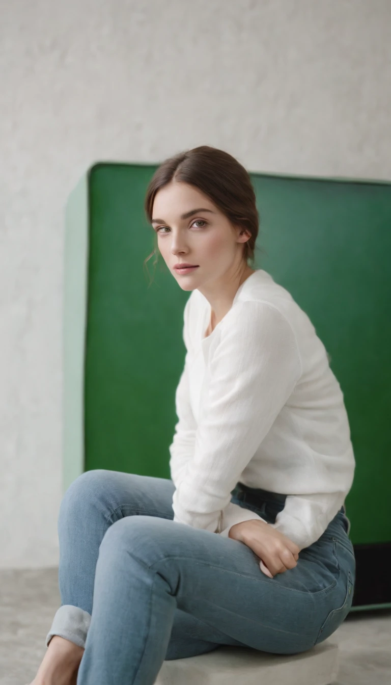 young girl in jeans sitting on a green television by maryann coady, in the style of sean scully, mary jane ansell, genderless, photo taken with fujifilm superia, bold curves, light white and white, industrial chic,upper body
