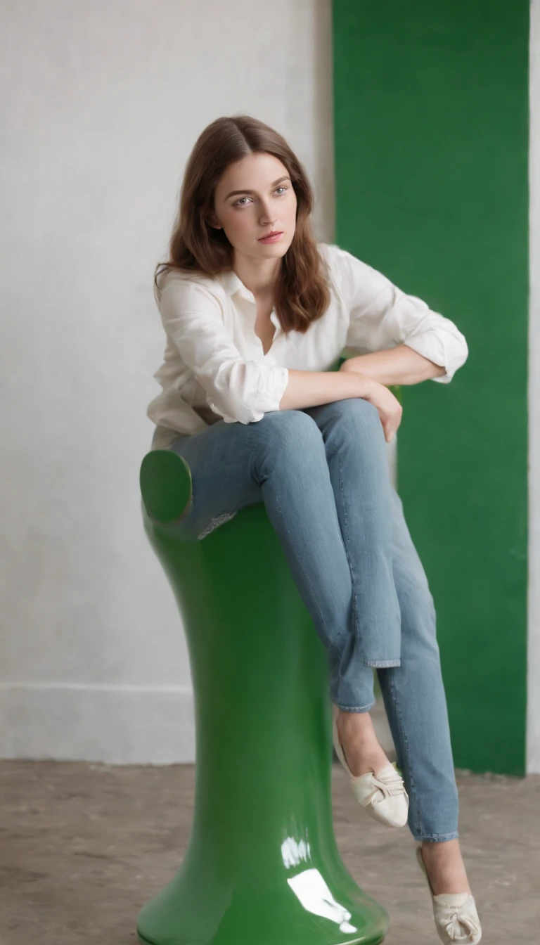 young girl in jeans sitting on a green television by maryann coady, in the style of sean scully, mary jane ansell, genderless, photo taken with fujifilm superia, bold curves, light white and white, industrial chic,upper body