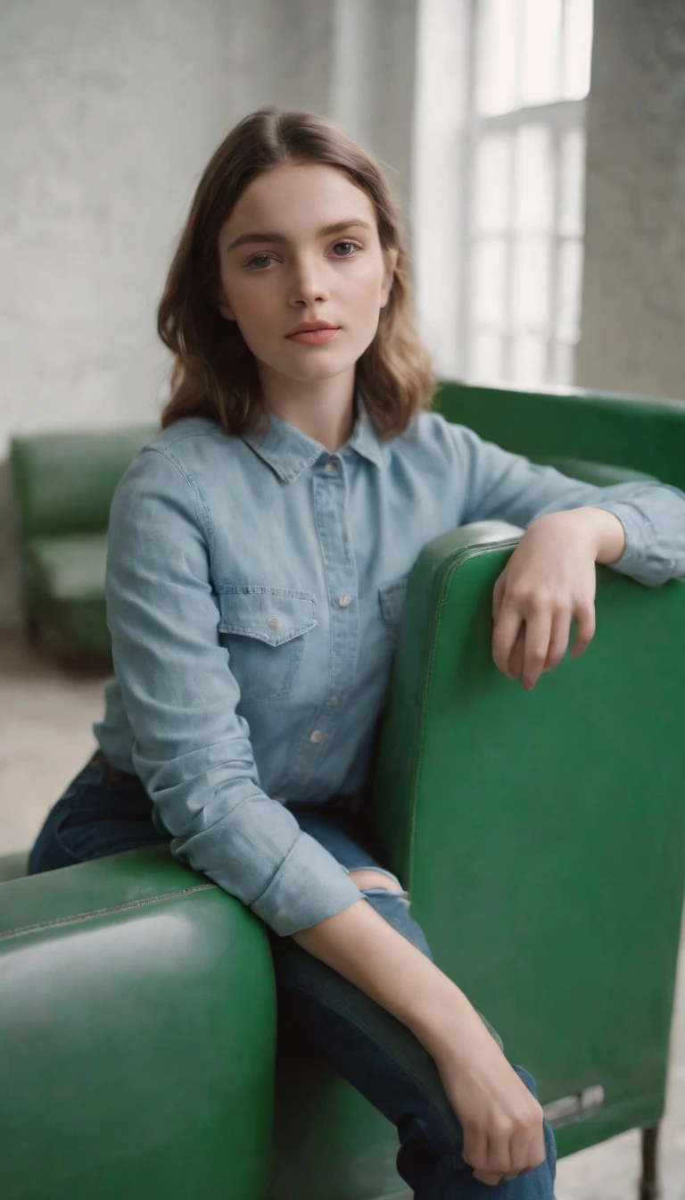 young girl in jeans sitting on a green television by maryann coady, in the style of sean scully, mary jane ansell, genderless, photo taken with fujifilm superia, bold curves, light white and white, industrial chic,upper body