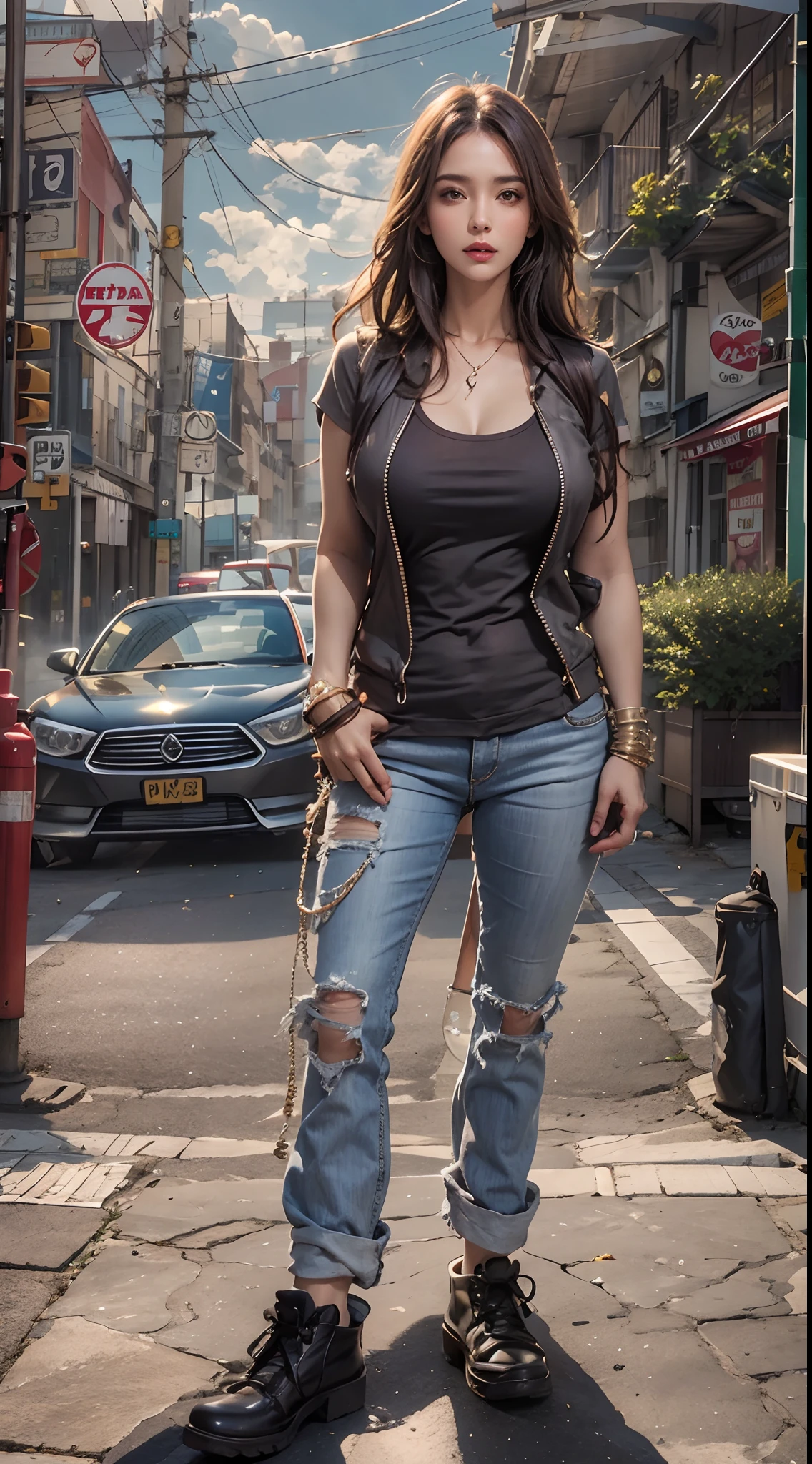 photorealistic, high resolution, 1women, mature female, solo, hips up, long hair, street wear