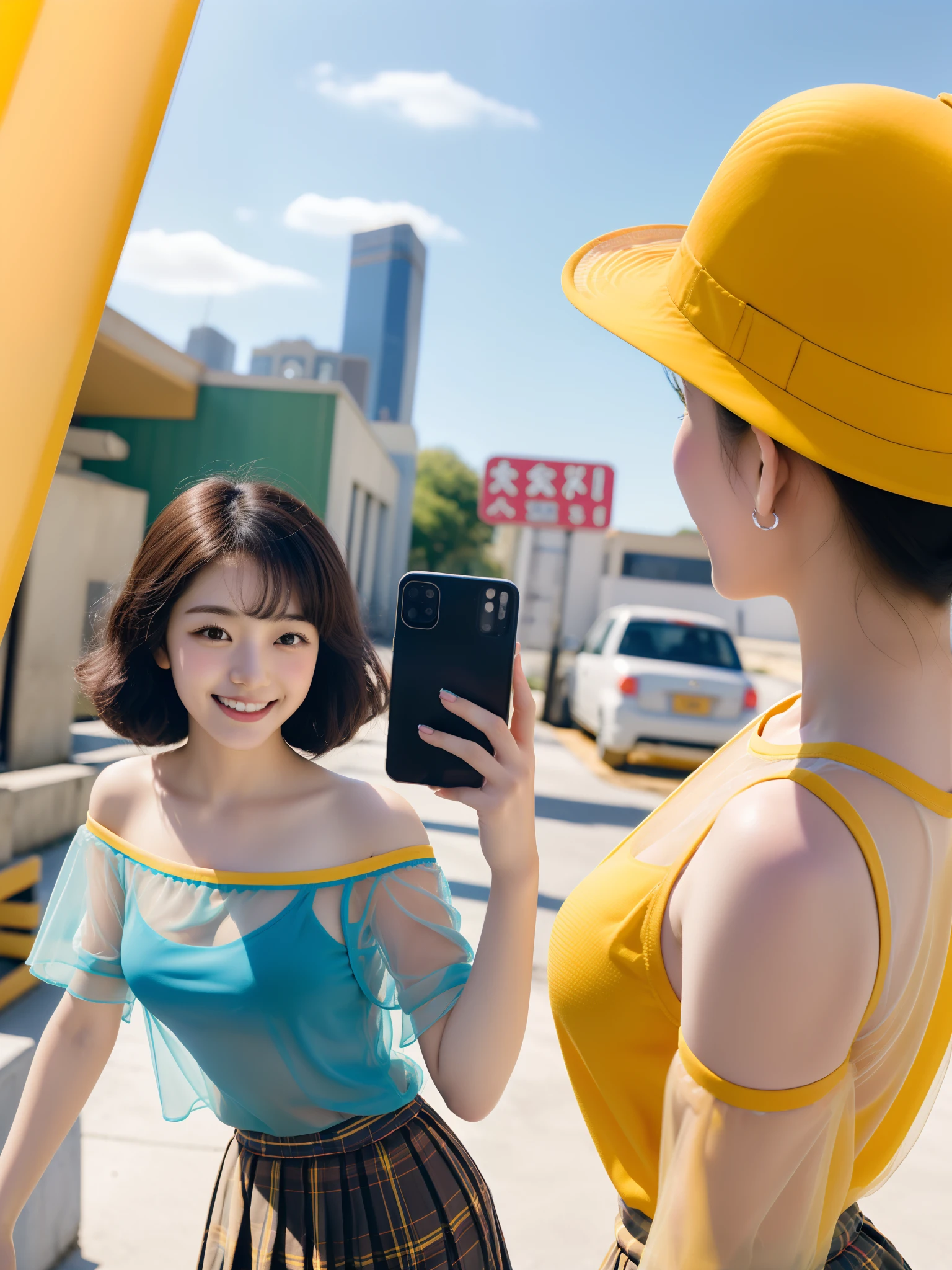 arafed woman taking a selfie in a mirror with a cell phone, she is holding a smartphone, vibrant aesthetic, 8k selfie photograph, ruan cute vtuber, selfie of a young woman, colourfull, shot on canon eos r 5, shot on canon eos r5, colourful, highly colorful, in blue and yellow clothes, mid shot portrait, portrait of a japanese teen, portrait of female korean idol, anime style mixed with fujifilm, cowboy shot、bokeh dof:1.2、plein air、1980s\(styles\)、Vintage Details、A city scape、 1  girl,A fitted,独奏,(Bright smile:1.3),(1980s dresses,(See-through skirt:1.2)),(shortsleeves,off shoulders:1.1),dynamicposes,Look at viewers, (medium_breasts:1.2)、(floating_hair)、tiny_waist、(realistic_detailed_skin_texture:1.1)、good hand、pin-up、good feet、This scene is、Beautiful depth of field and a little blurry、Nostalgic background、Film Portrait Photography、35mm film、filmg、(8k、RAW Photography、top-quality、​masterpiece:1.2)、(realisitic、Photorealsitic:1.4)、超A high resolution、photon maping,Radio City,((Hasselblad photo)),physically-based renderingt,Professional Soft Writing,Facial light,