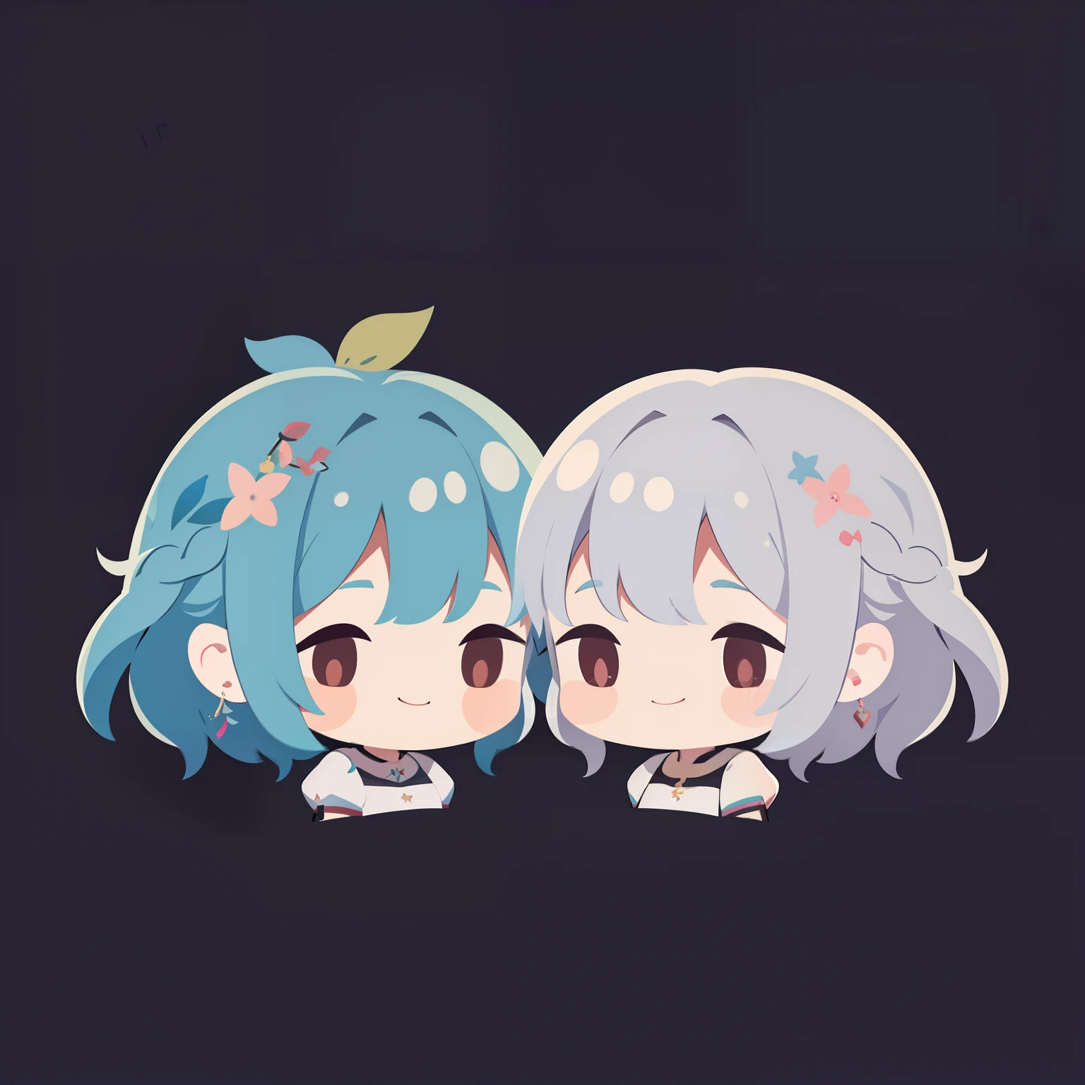 超A high resolution, NFFSW, Best-aesthetic, Best quality, masutepiece, Flat avatar, Perfect litthing、(extremely colorful、vivd colour: 1.4)、outside of house、A couple,Both have rainbow-colored hair, They love each other and are shy.Girl with marshmallow shiny eyes, A smile, hair adornments, tchibi, simple background, blue hairs, 耳Nipple Ring, x hair ornamen, jewely, side locks, Large oval eyes,Flat avatar,  A smile, Head shot, simple background, brunette color hair,